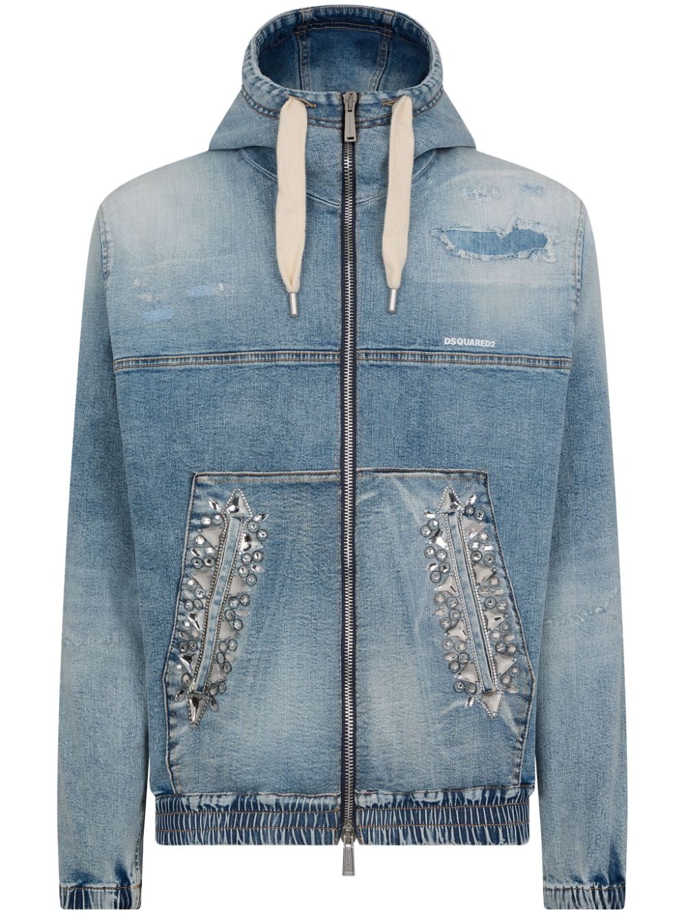 crystal-embellished hooded denim bomber jacket - 1