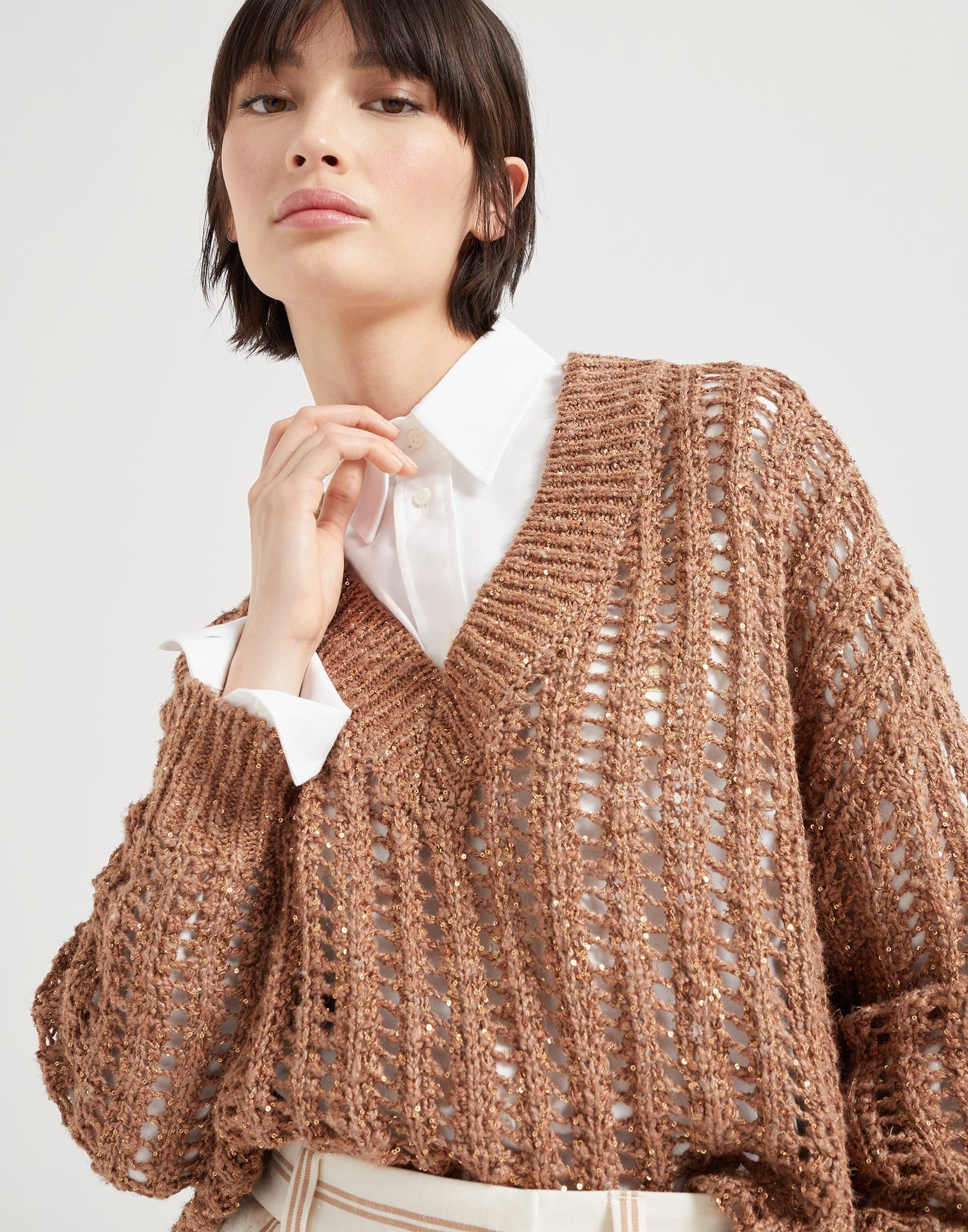 Dazzling silk and linen openwork rib sweater - 4