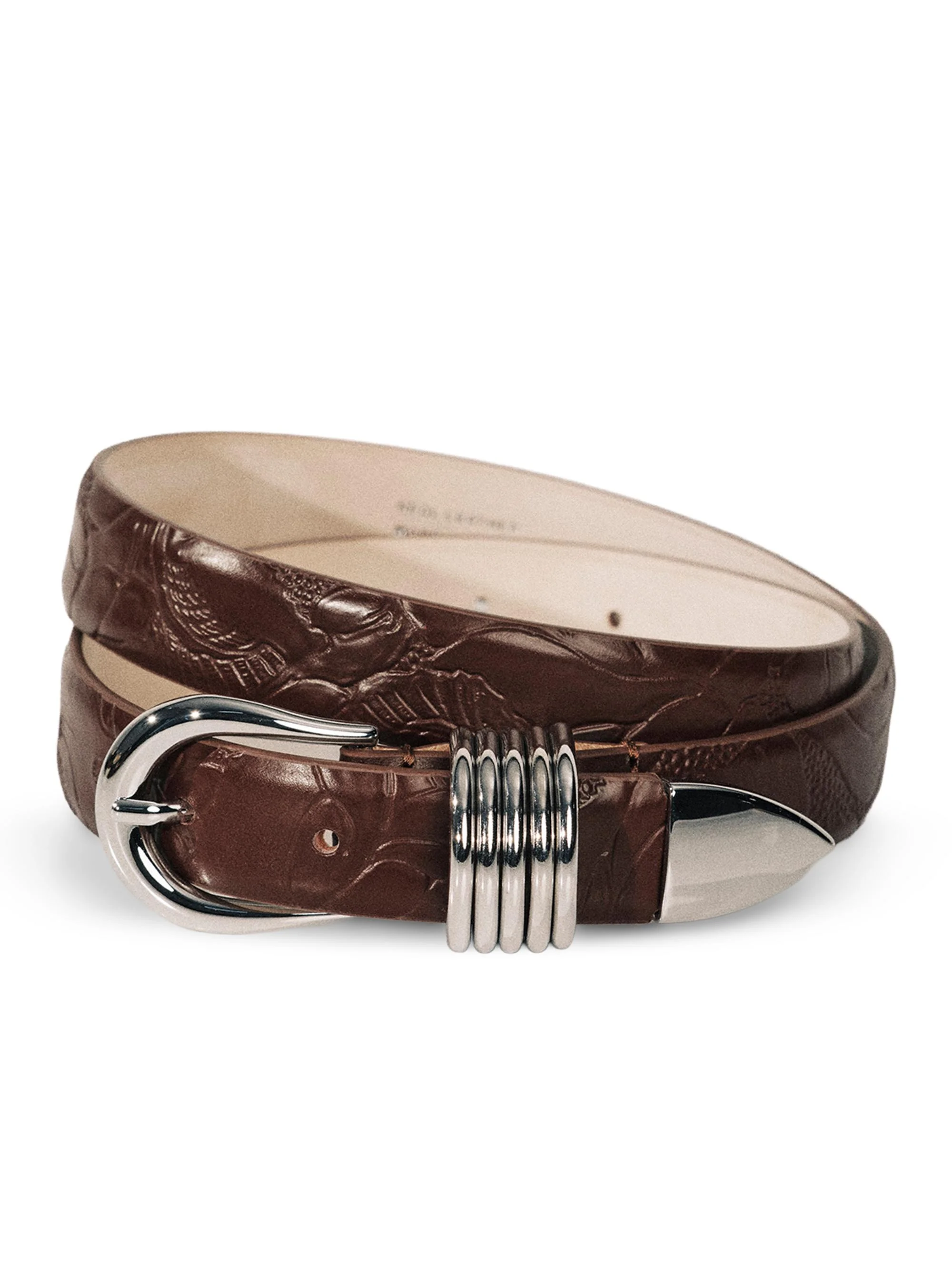Women's Hollyhock Floral-Embossed Leather Belt - Mahogany Silver - 1