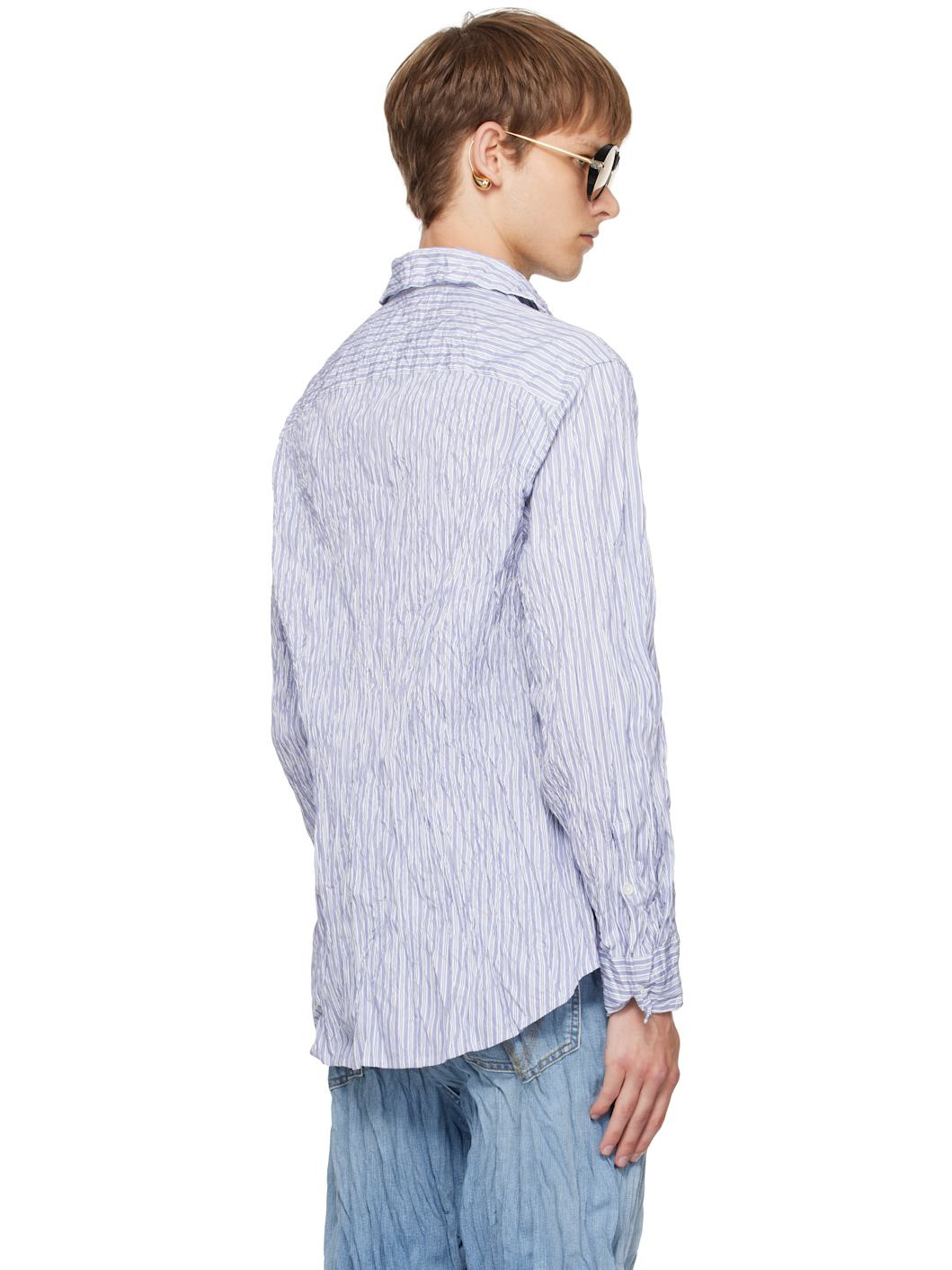White & Navy Crushed Cotton Striped Shirt - 3