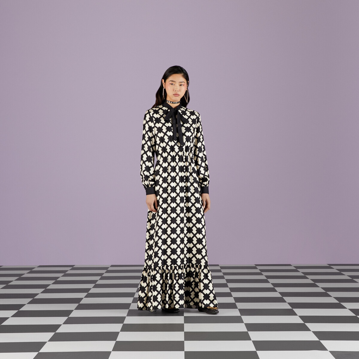 Rhombus tile print silk dress - 5