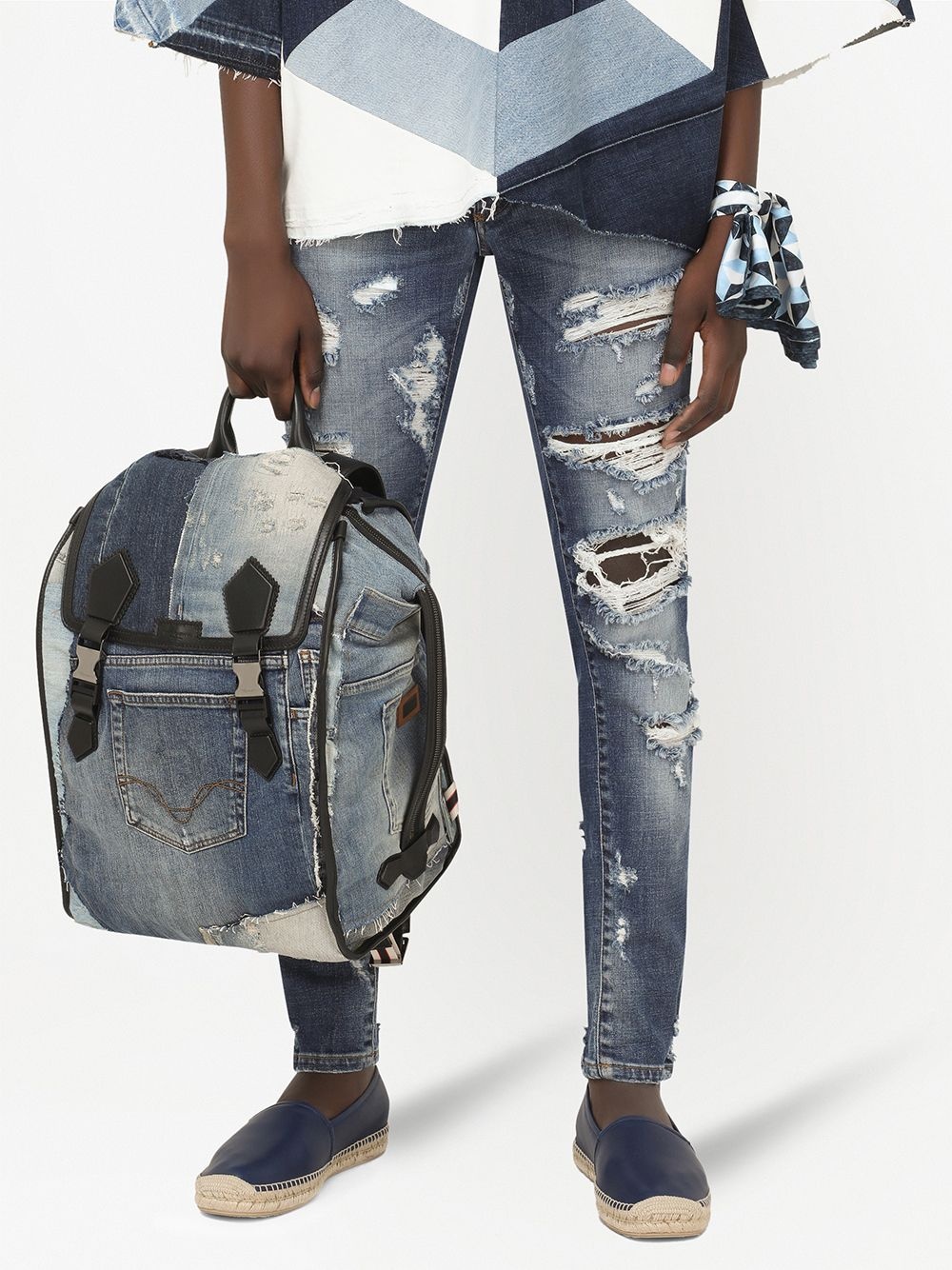 patchwork-design denim backpack - 5