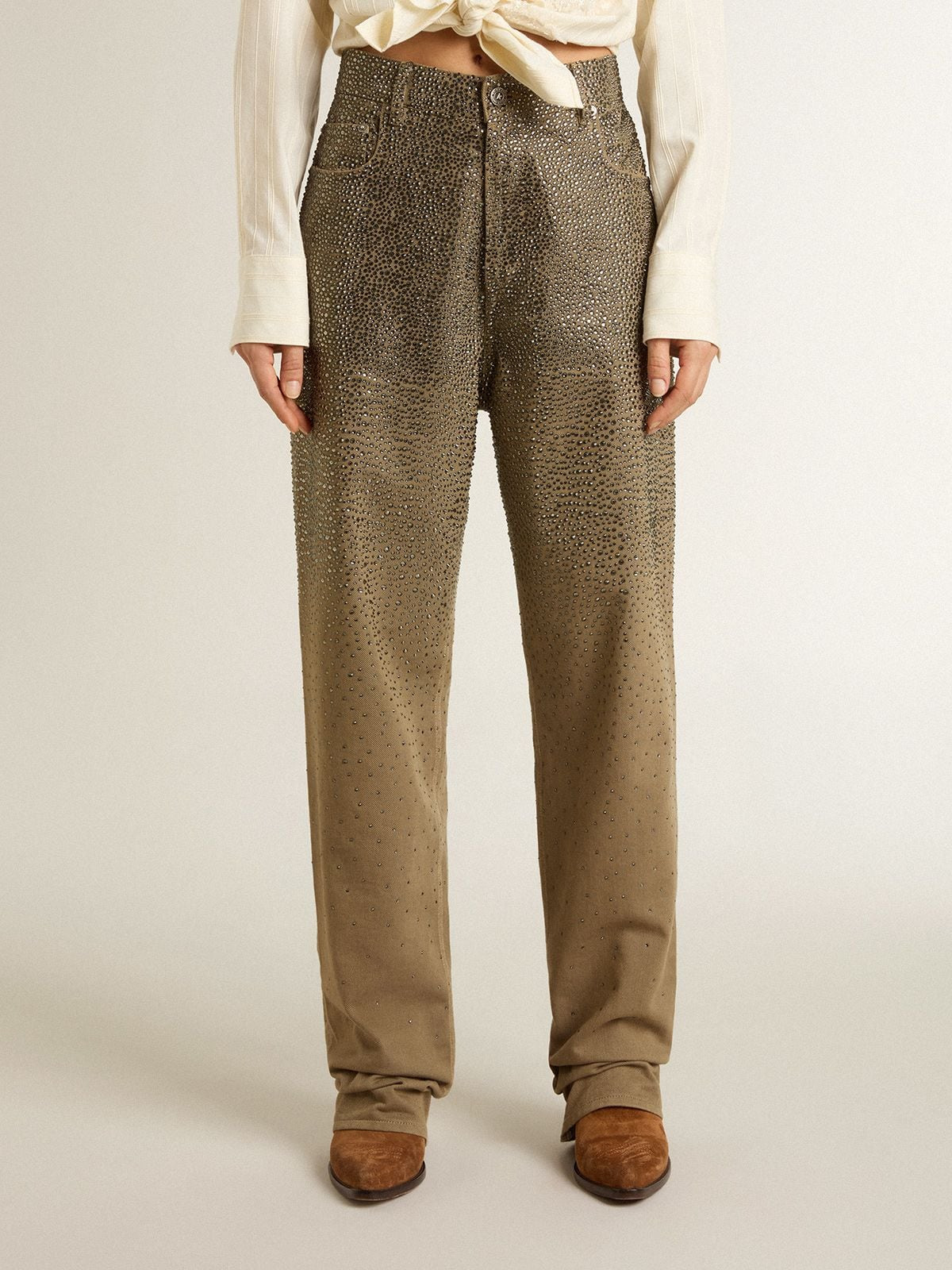 Women's khaki cotton pants with gradient Swarovski effect - 2