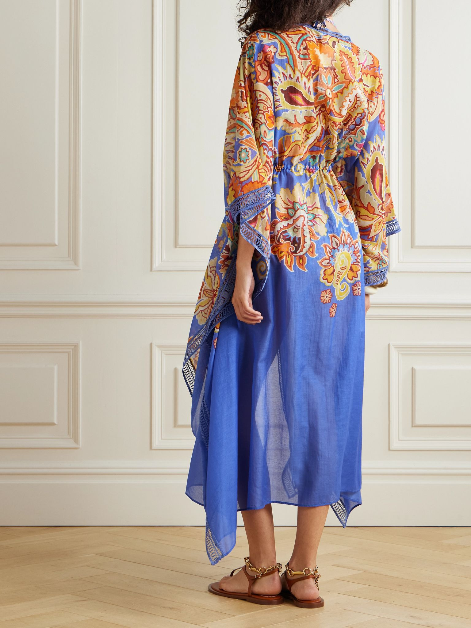 Printed cotton and silk-blend voile kaftan Blue - 3