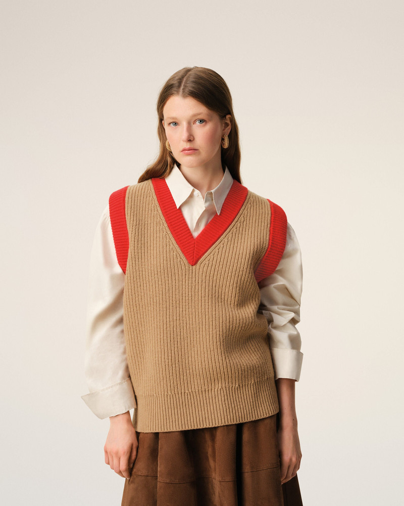 BROWN WOOL SLEEVELESS V NECK SWEATER 3