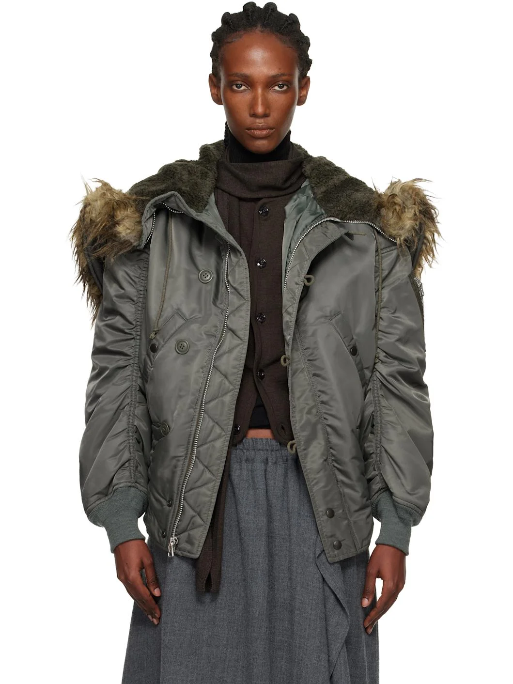 Khaki Faux-Fur Hood Bomber Jacket - 1