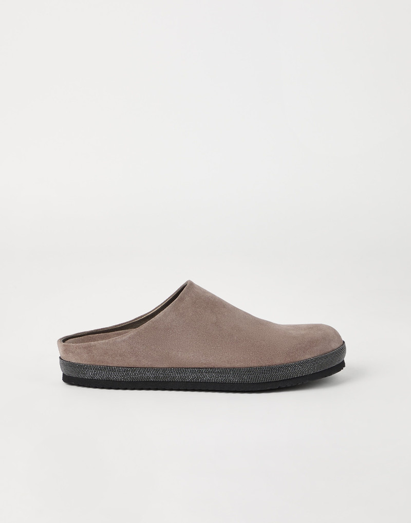 Suede slippers with precious trim 5