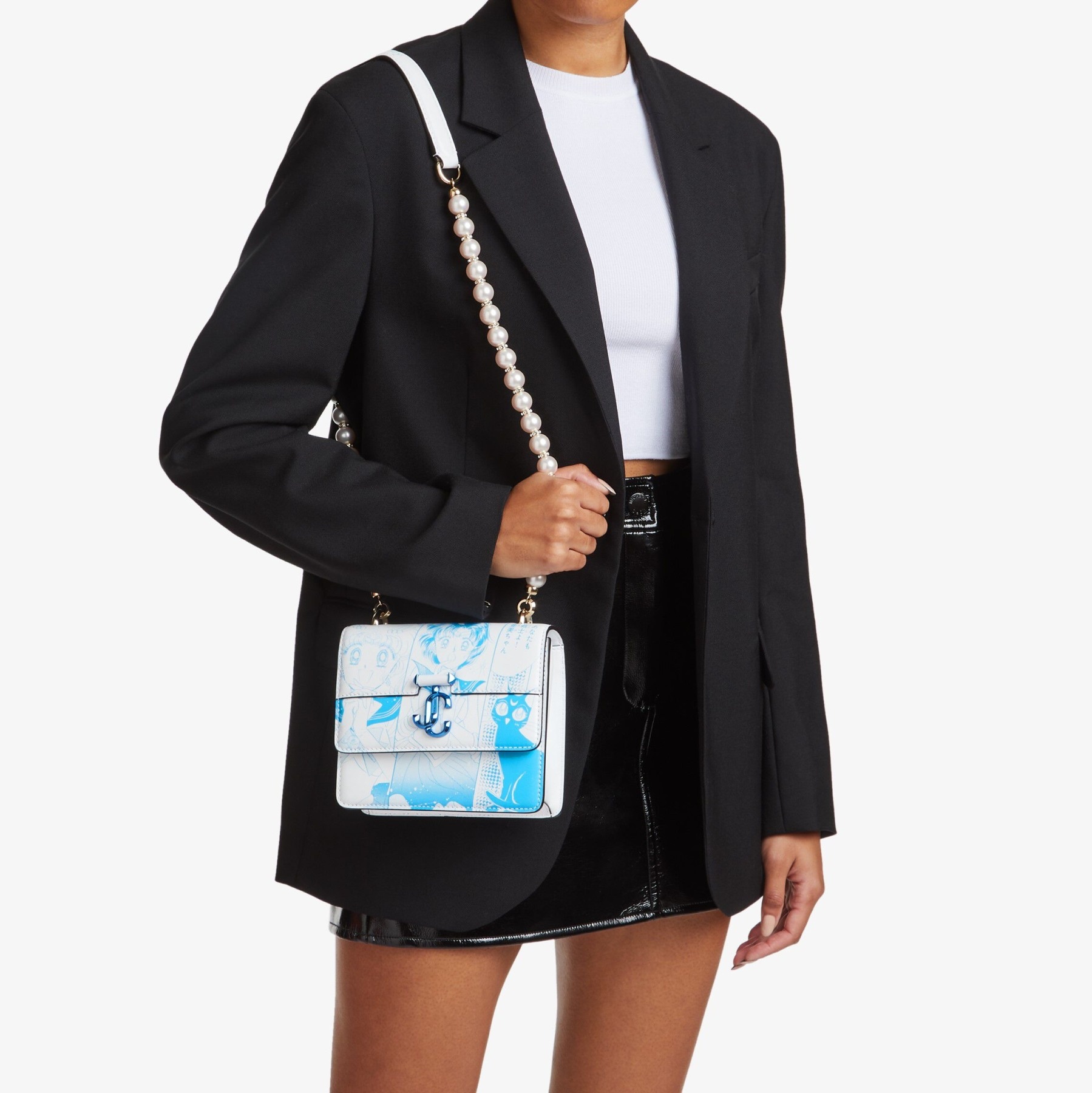 Sailor Mercury Varenne Quad XS
Blue Manga Printed Leather Shoulder Bag with Pearl Strap - 2