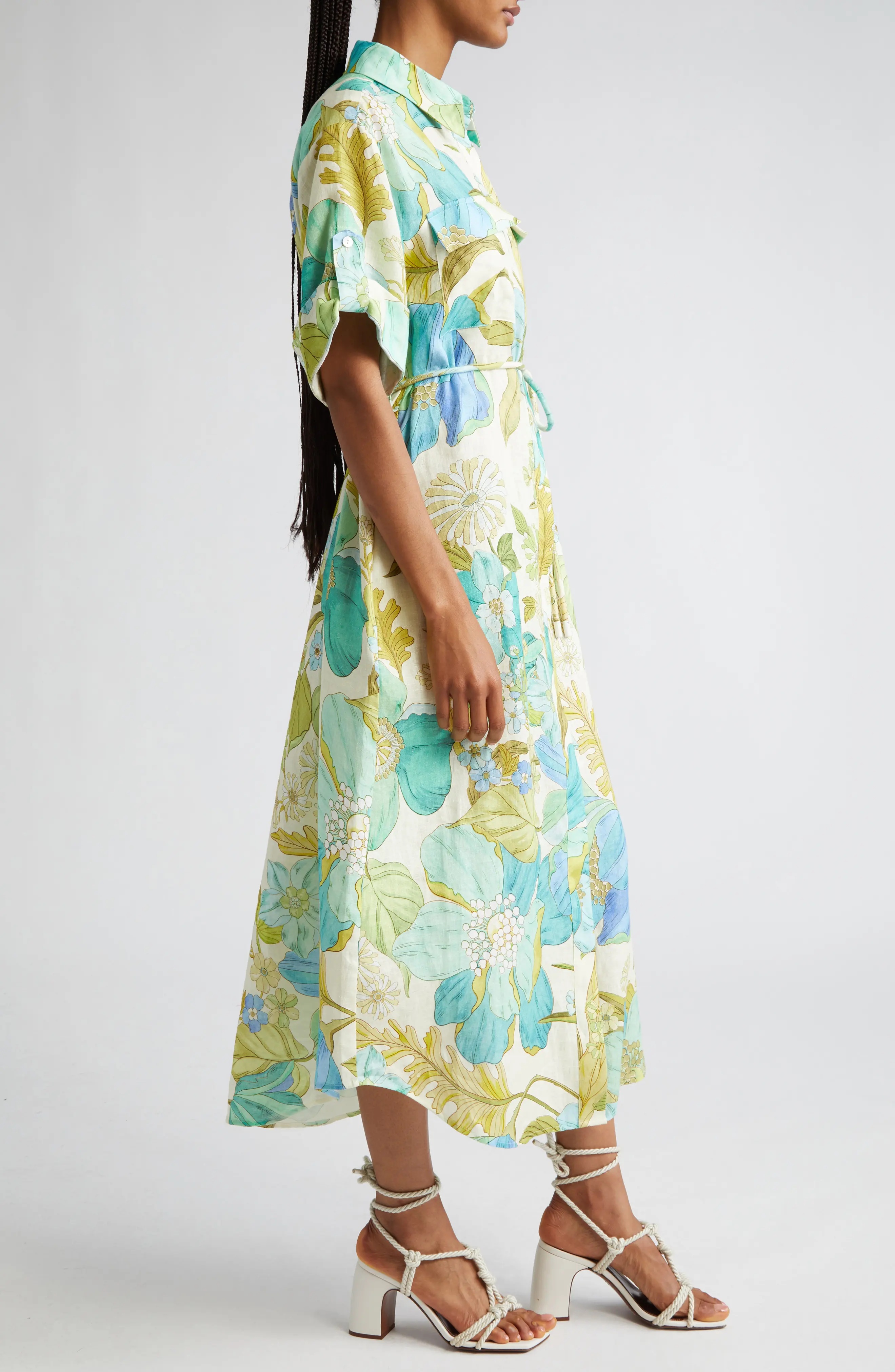 Janis Floral Print Belted Linen Midi Shirtdress - 3