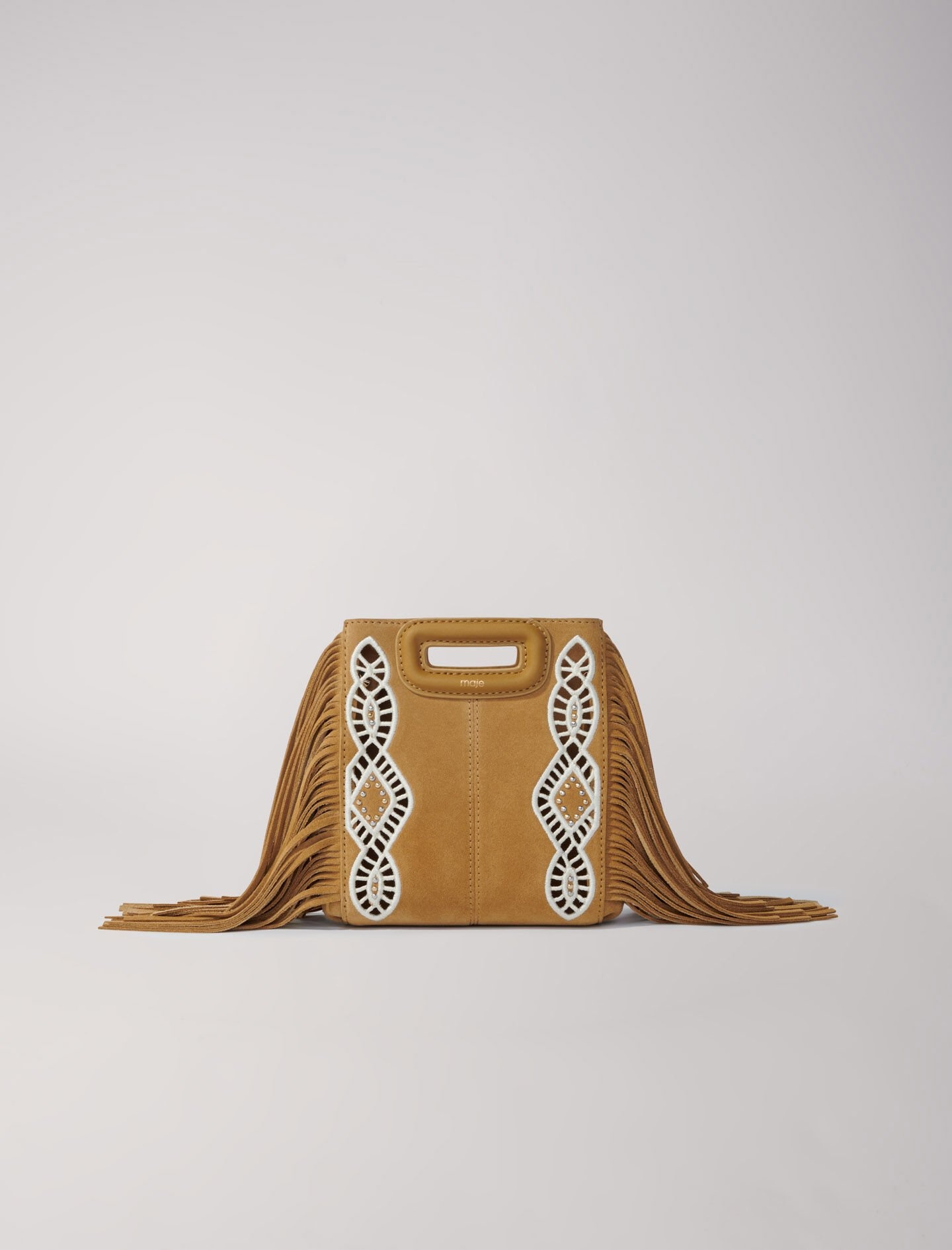 Embroidered suede fringed M mini bag - 7