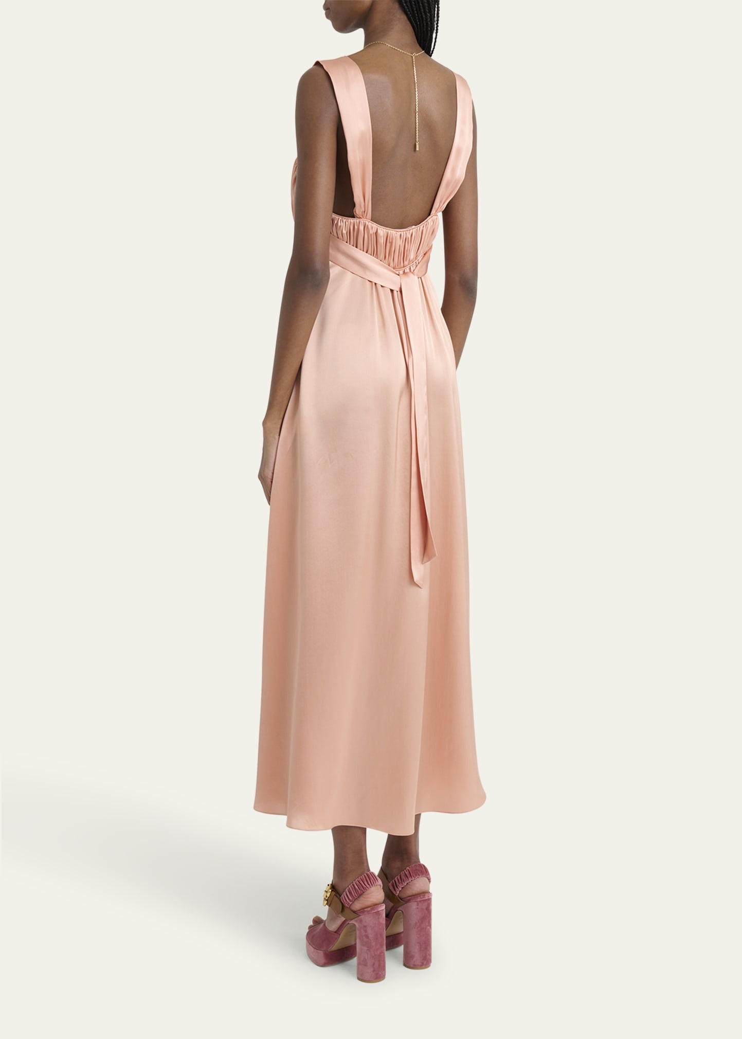 Sleeveless Shirred Silk Satin Midi Dress - 3
