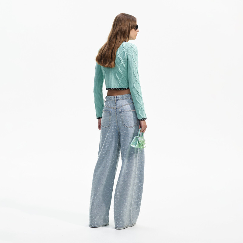 self-portrait Mint Cable Knit Cropped Cardigan outlook