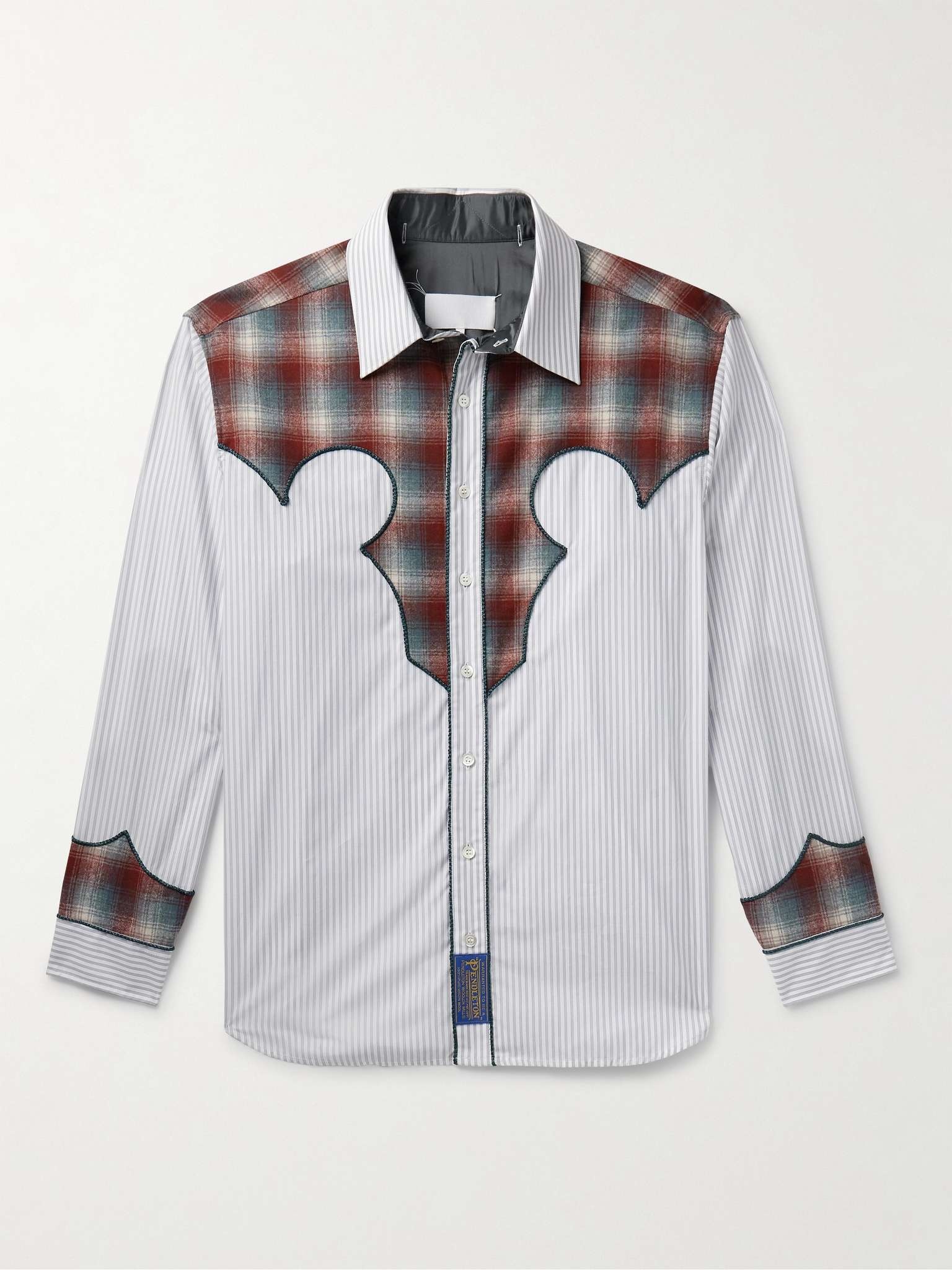 Checked Wool and Striped Cotton-Poplin Shirt - 1