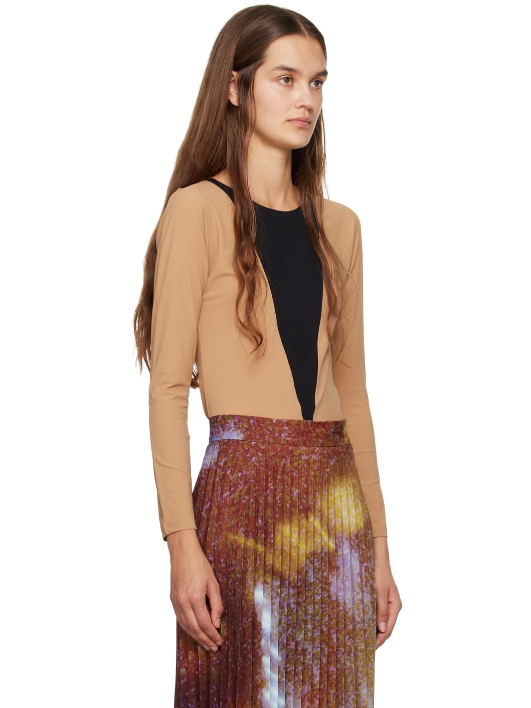Beige & Black Paneled Long Sleeve T-Shirt - 2