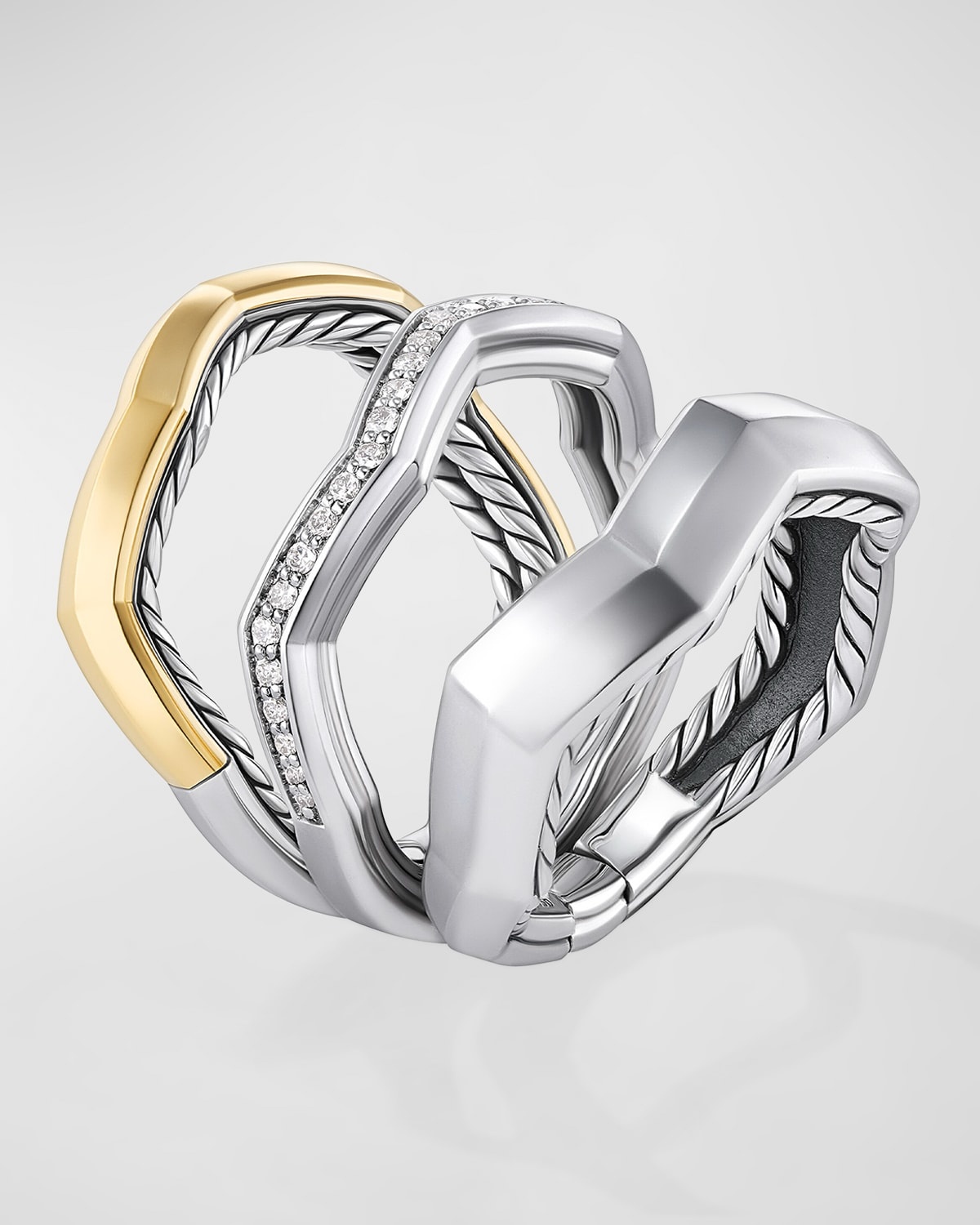 Zig Zag Stax Three Row Ring with Diamonds in 18K Gold and Silver, 11mm - 2