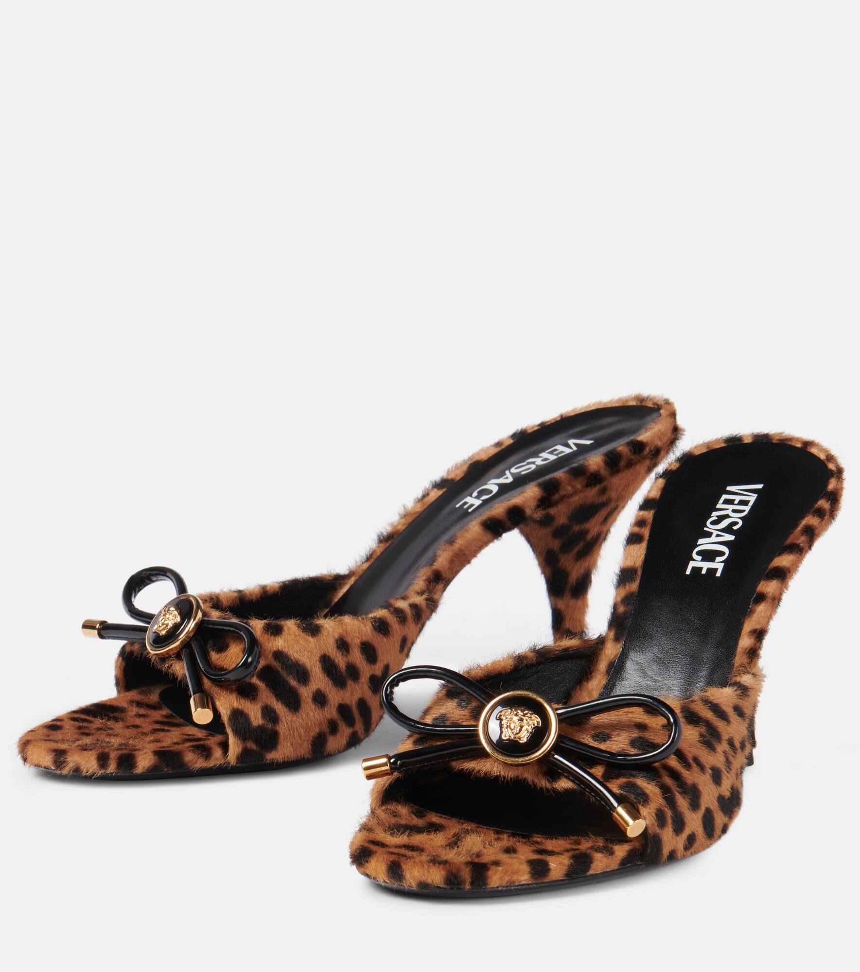 Leopard Opera Bow 95 shearling mules - 4