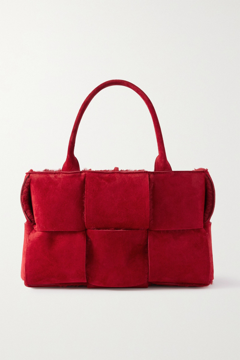 Arco shearling-trimmed intrecciato suede tote 1