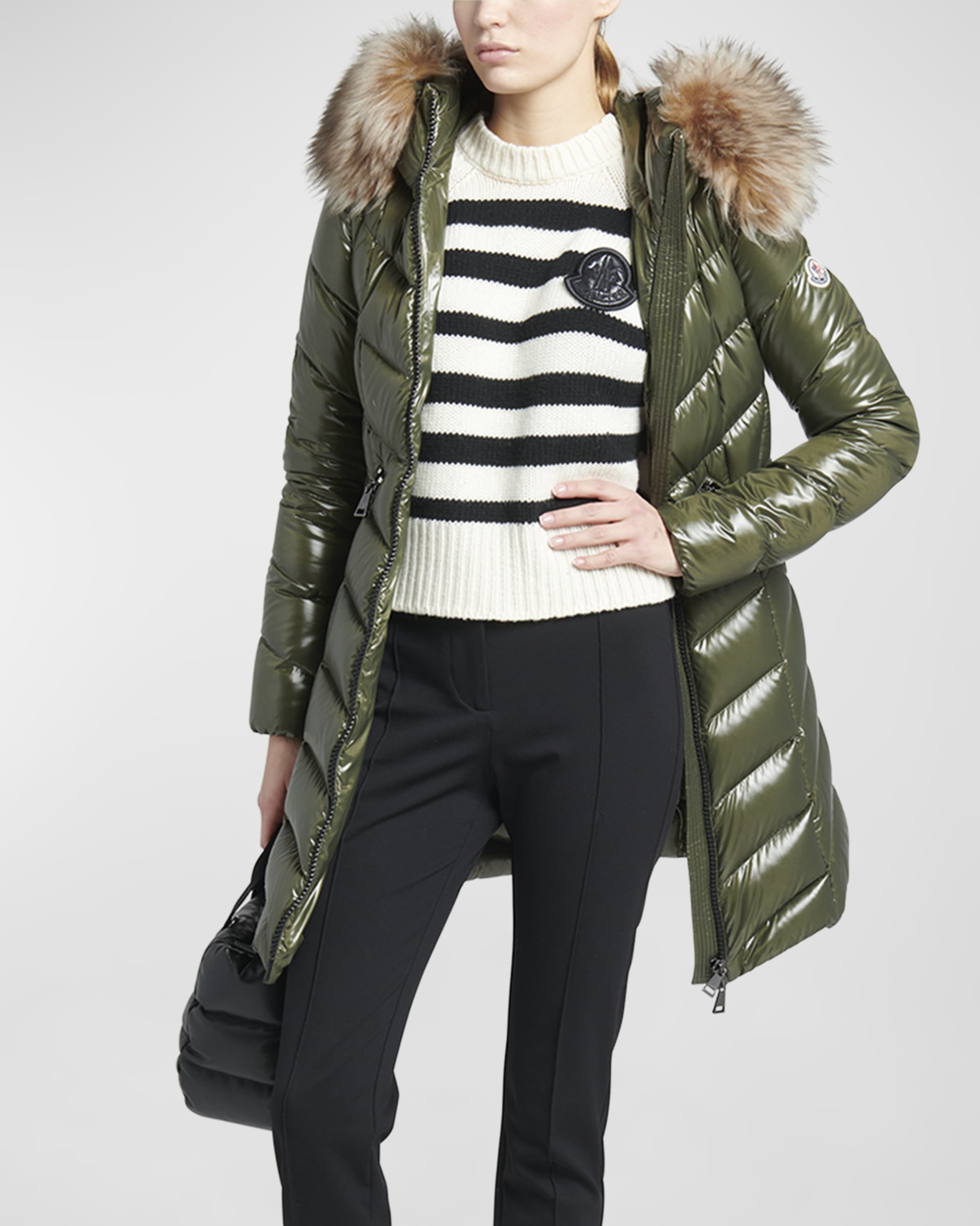 Moncler Marre Long Puffer Coat with Faux Fur Ruff | REVERSIBLE