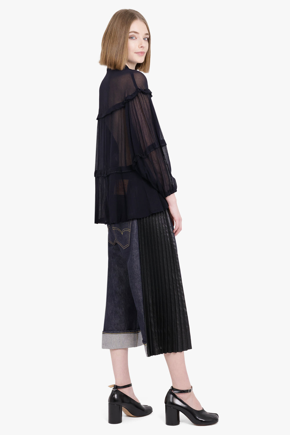 SHEER BALLOON SLEEVE PANEL DETAIL L/S SHIRT | NAVY - 4