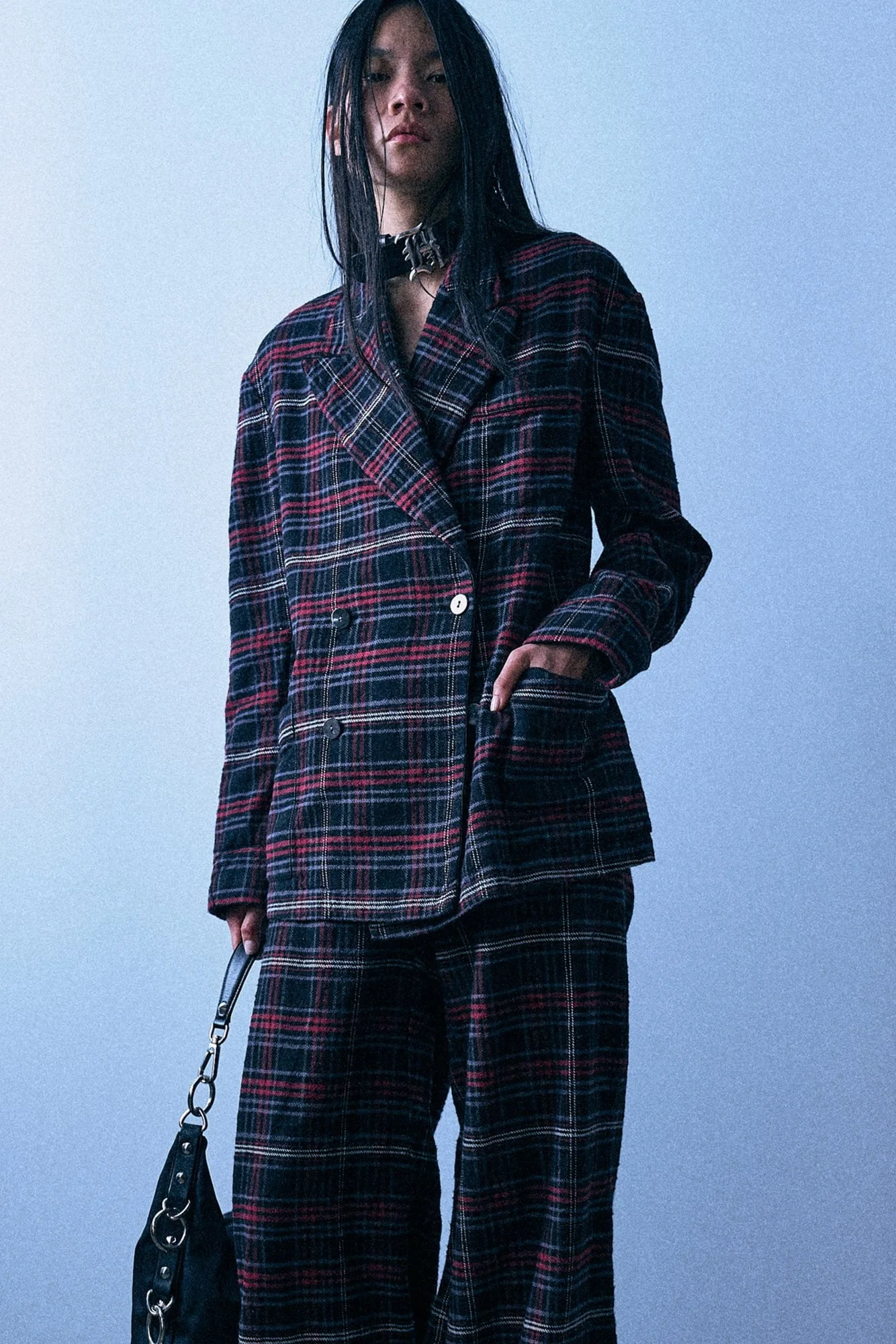 Double Breasted Peak Lapel Ragged Blazer With Piping - 1