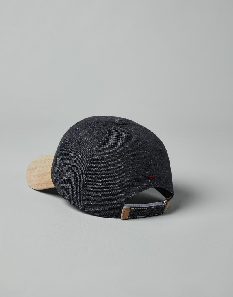 Brunello Cucinelli Denim-effect linen and suede baseball cap with embroidery outlook