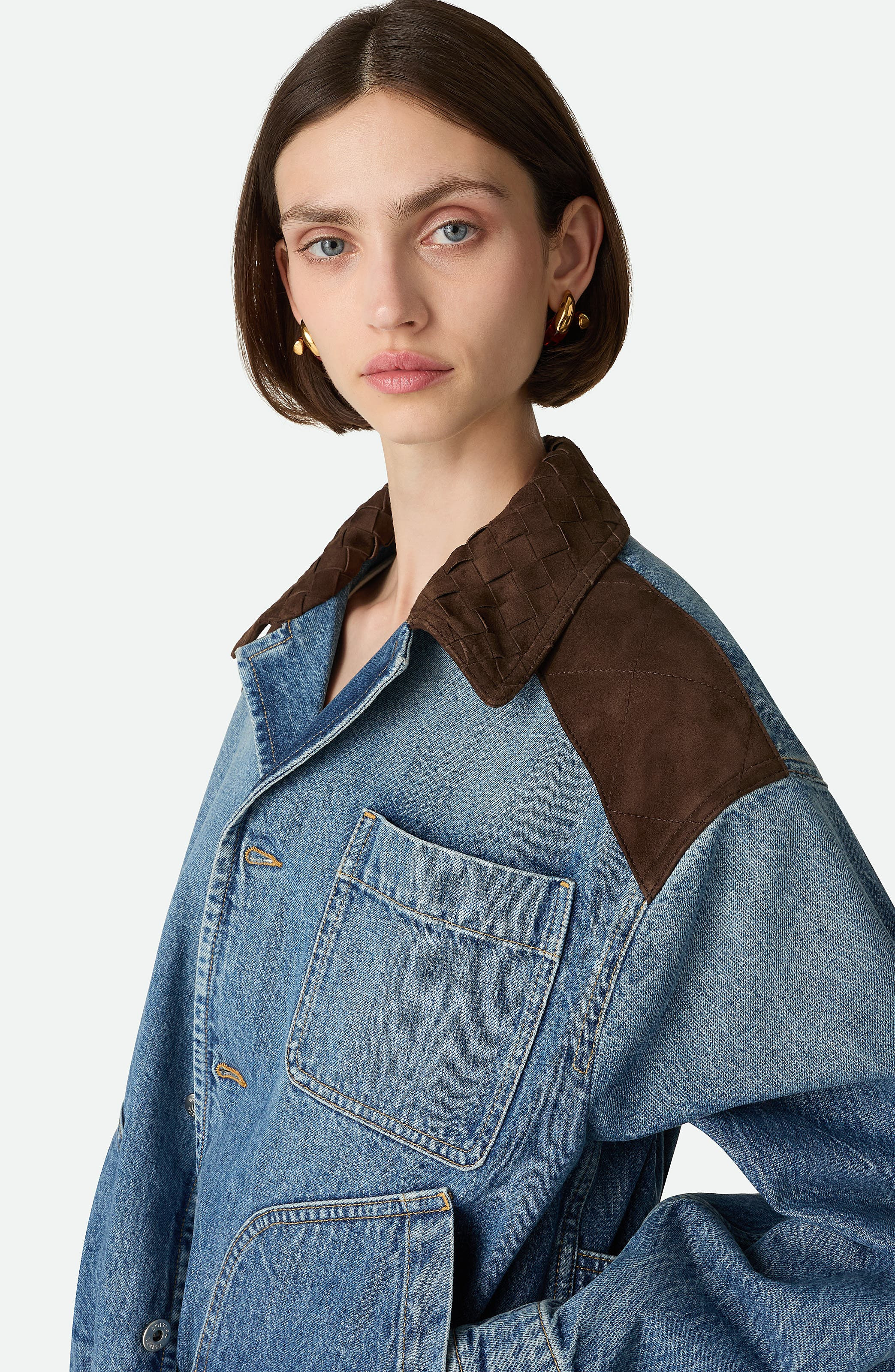 Bottega Veneta Intrecciato Collar Oversize Indigo Denim Jacket in Mid Blue at Nordstrom - 8