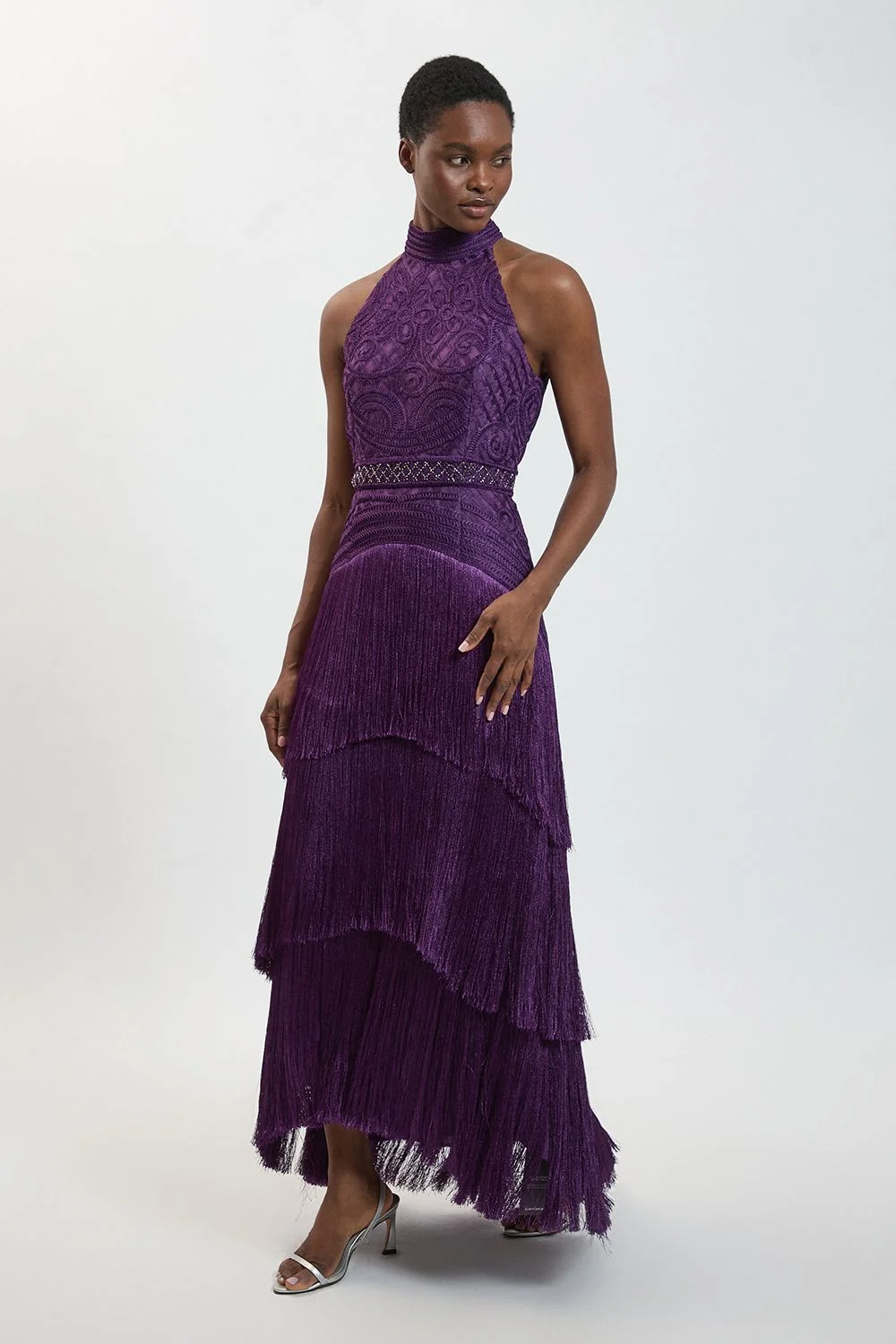 Fringed Beaded Halter Neck Woven Maxi Dress - 1