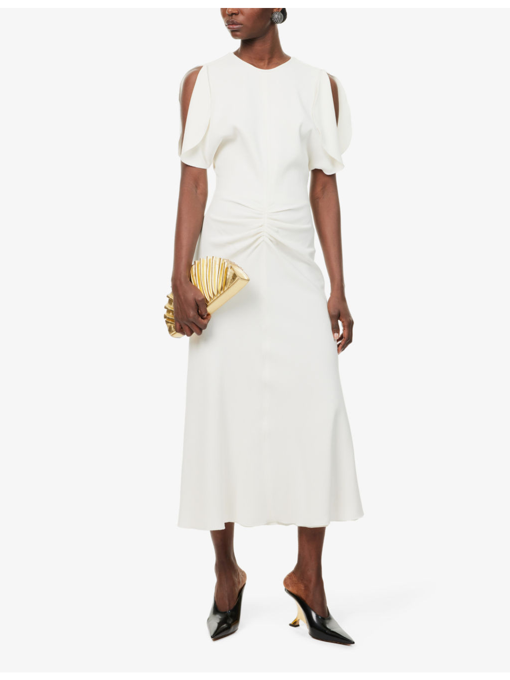 Gathered ruffle-sleeve woven midi dress - 2