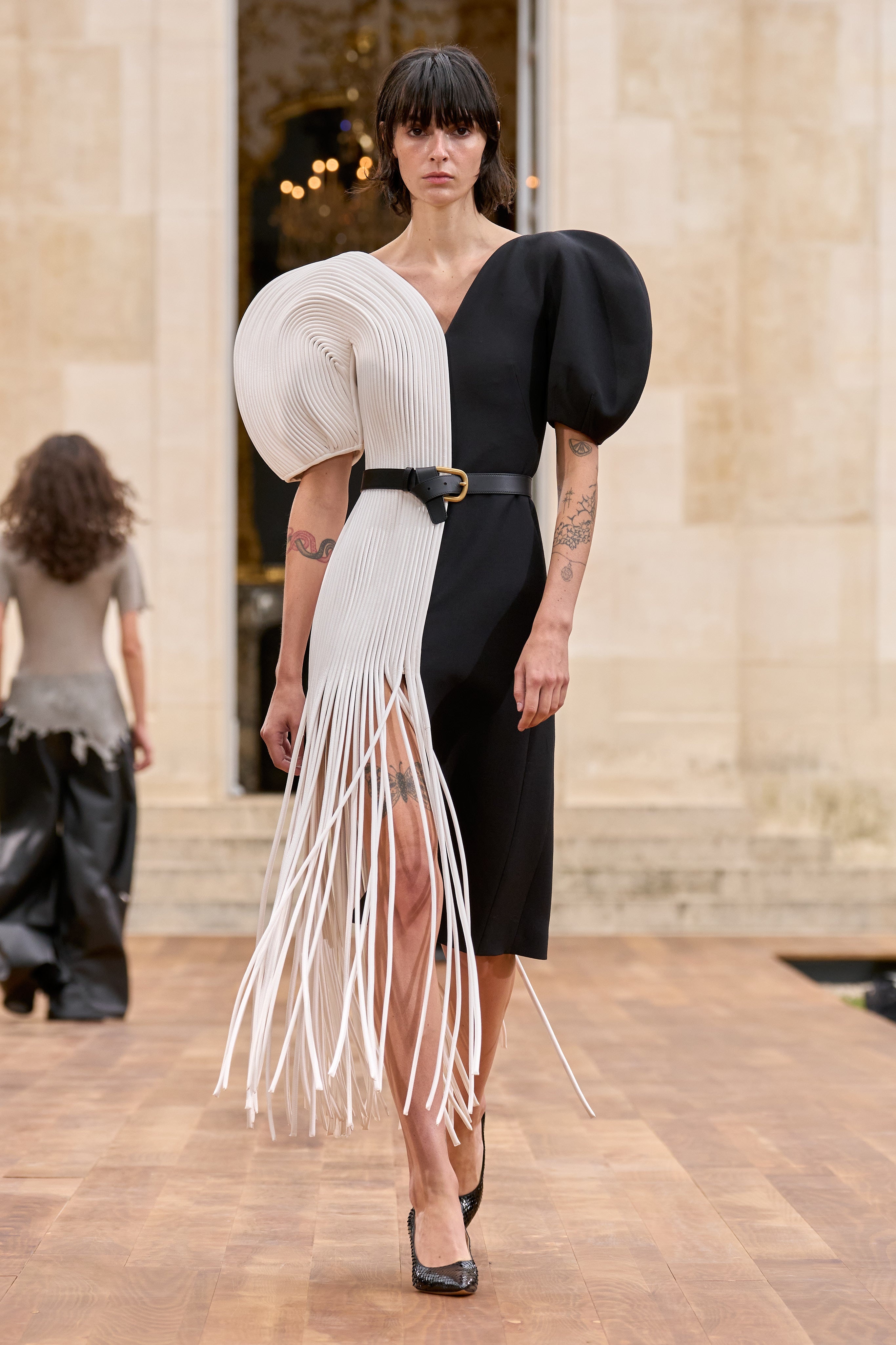 Lysander Fringe Midi Dress in Ivory Nappa Leather & Black Wool Silk Cady - 2