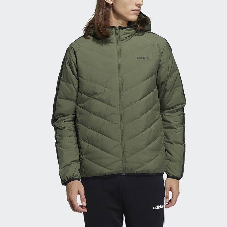 Men's adidas neo 3s Lw Down Jk Stay Warm Sports Hooded Down Jacket Dark Olive Green H45255 - 4