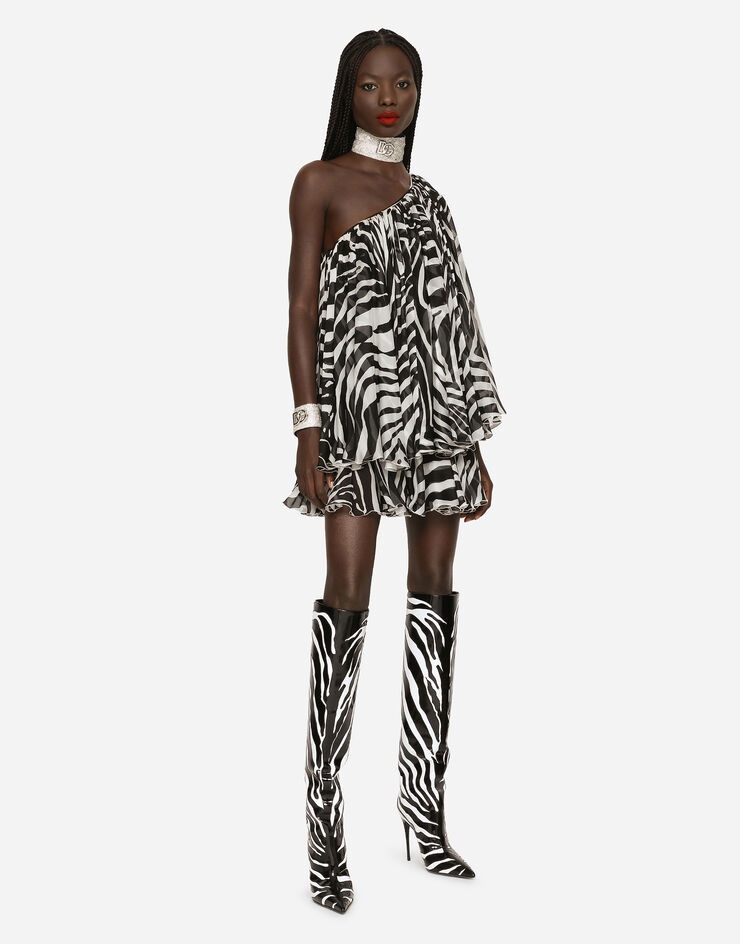 Short one-shoulder chiffon dress with zebra print - 1