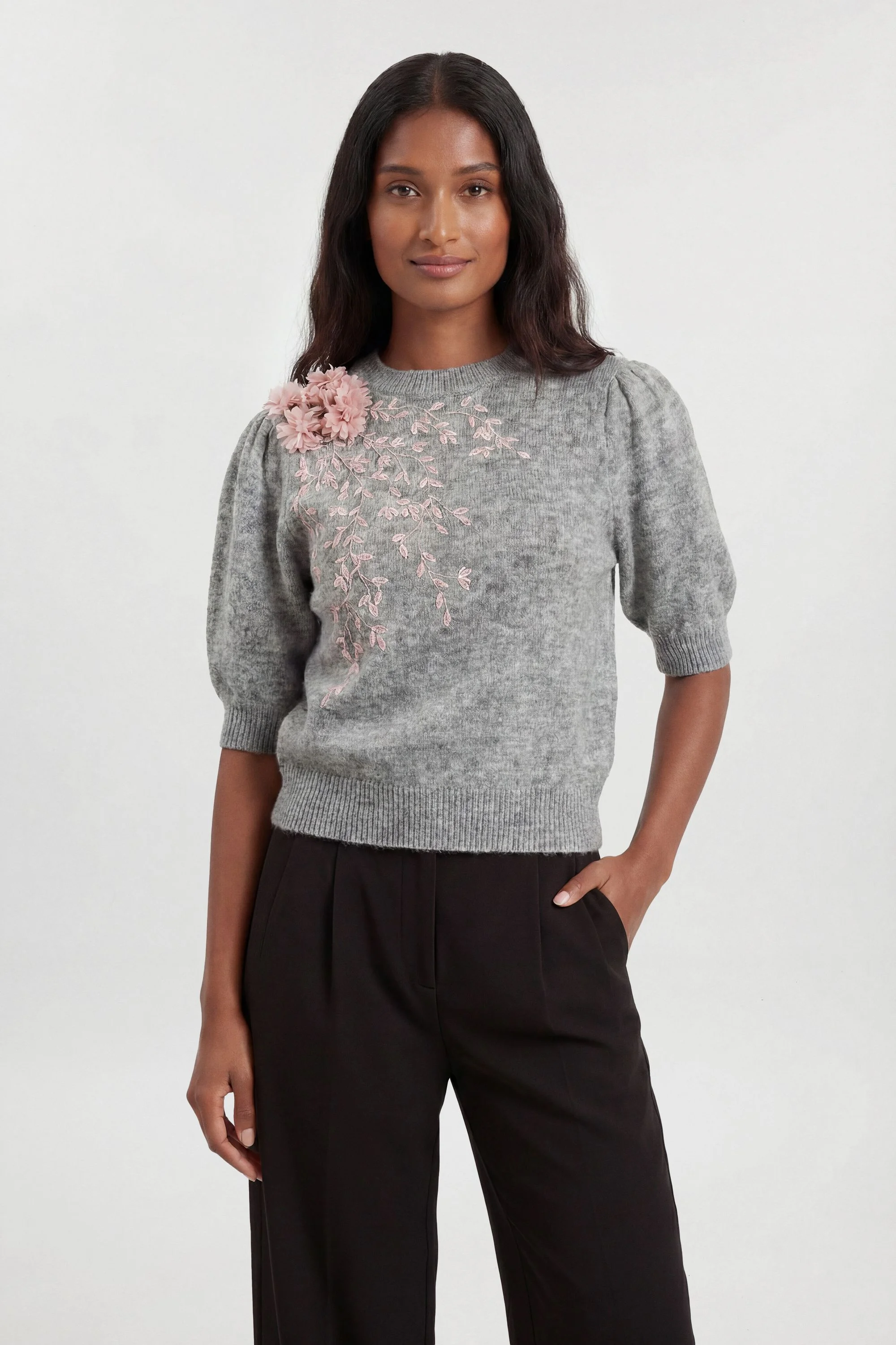 Flower And Beaded Puff Sleeve Knit Tee - 1