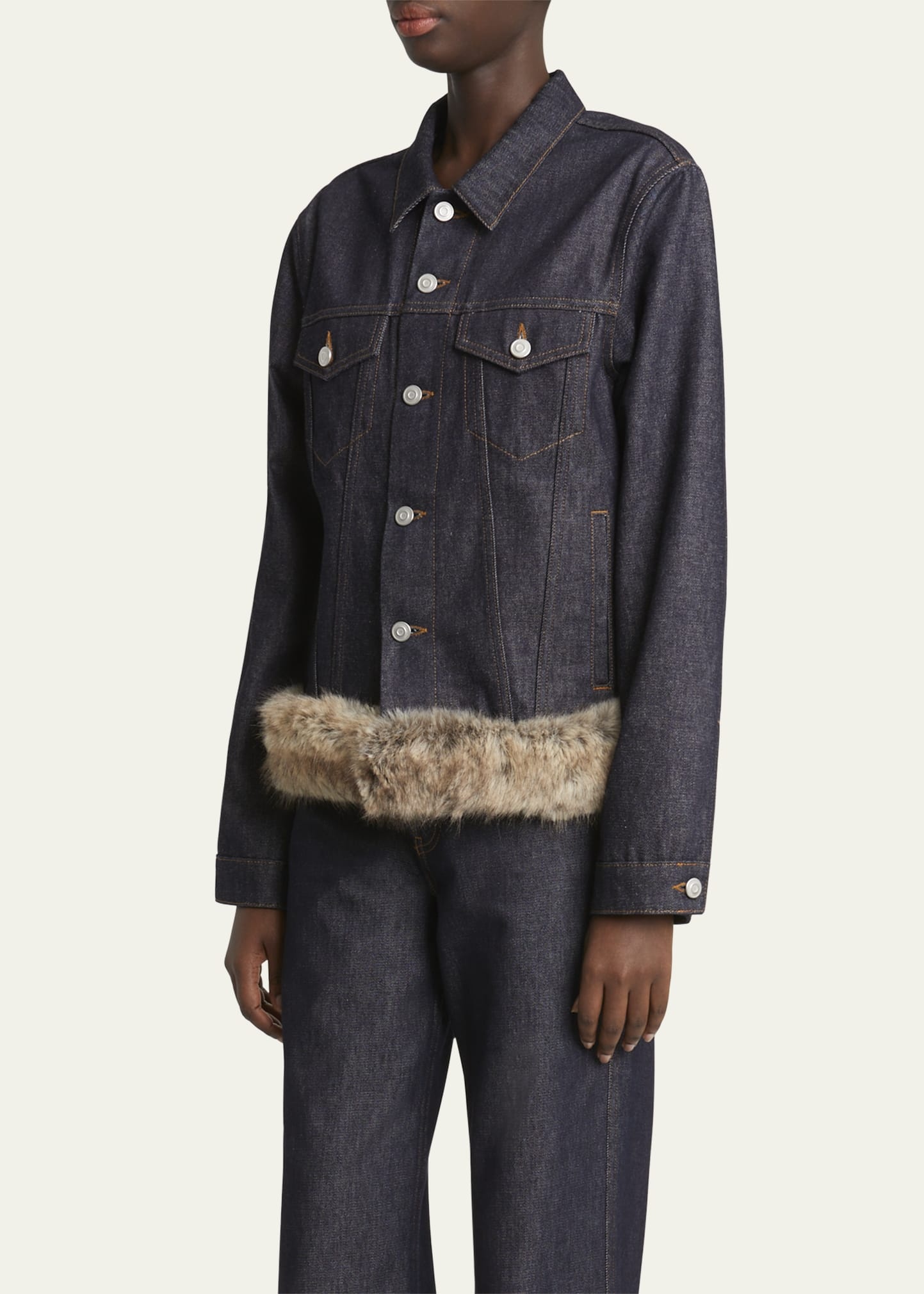 Faux Fur Hem Denim Jacket - 4