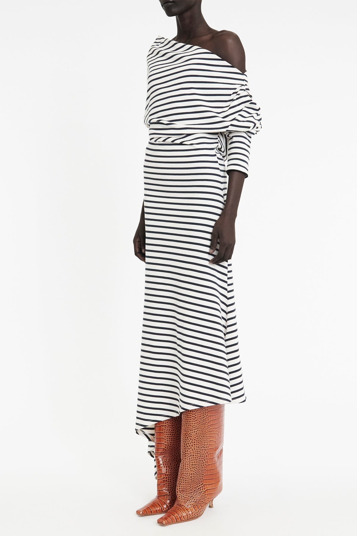 OFF SHOULDER ASYMMETRIC DRESS WHITE NAVY STRIPE - 6
