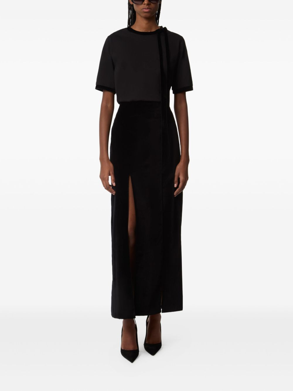 velvet-trimmed short-sleeves top - 2