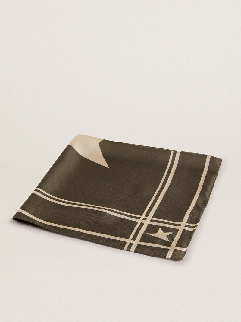 Moss green scarf with contrasting white stripes and stars 1