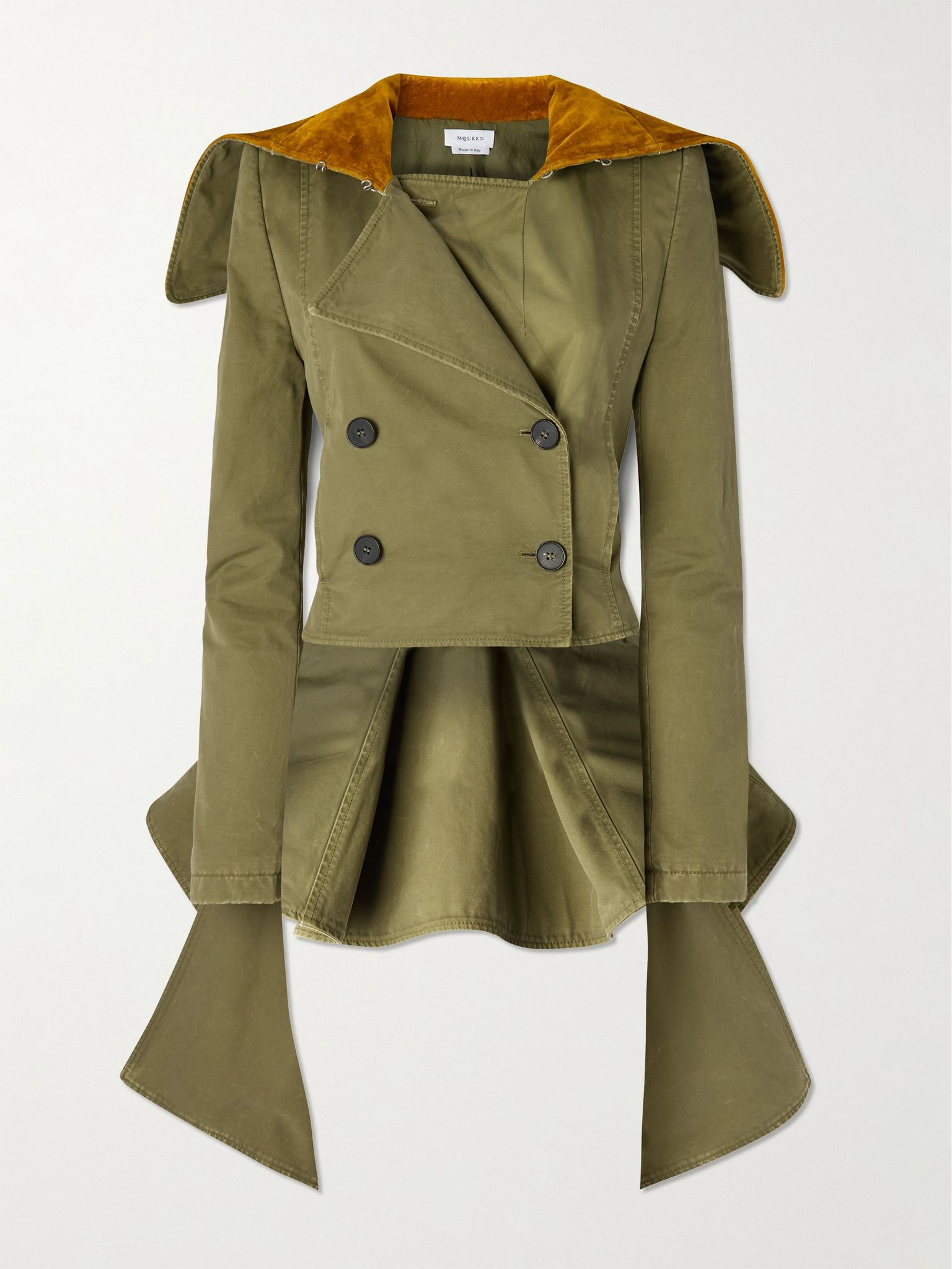 Asymmetric double-breasted cotton-twill and velvet jacket Green - 1