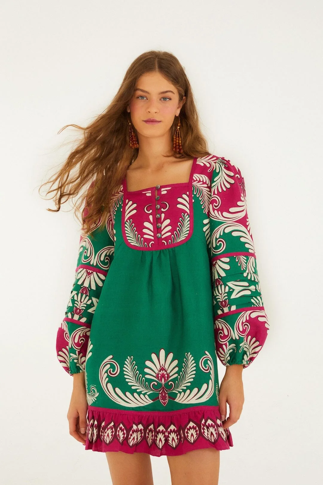 Multicolor Spring Arabesc Long Sleeve Euroflax Premium Linen Mini Dress - 1