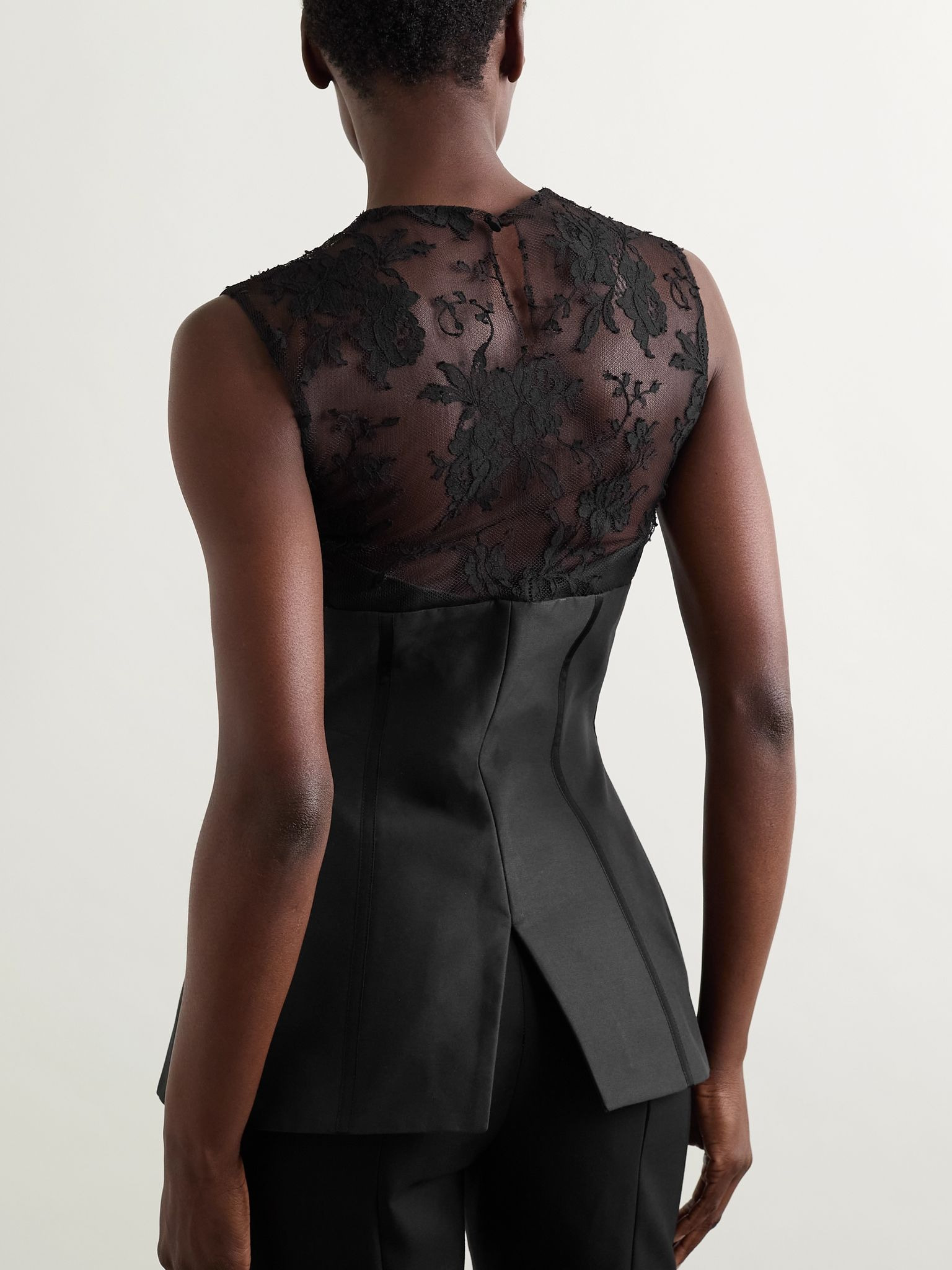Lace-paneled cotton-blend top Black - 3