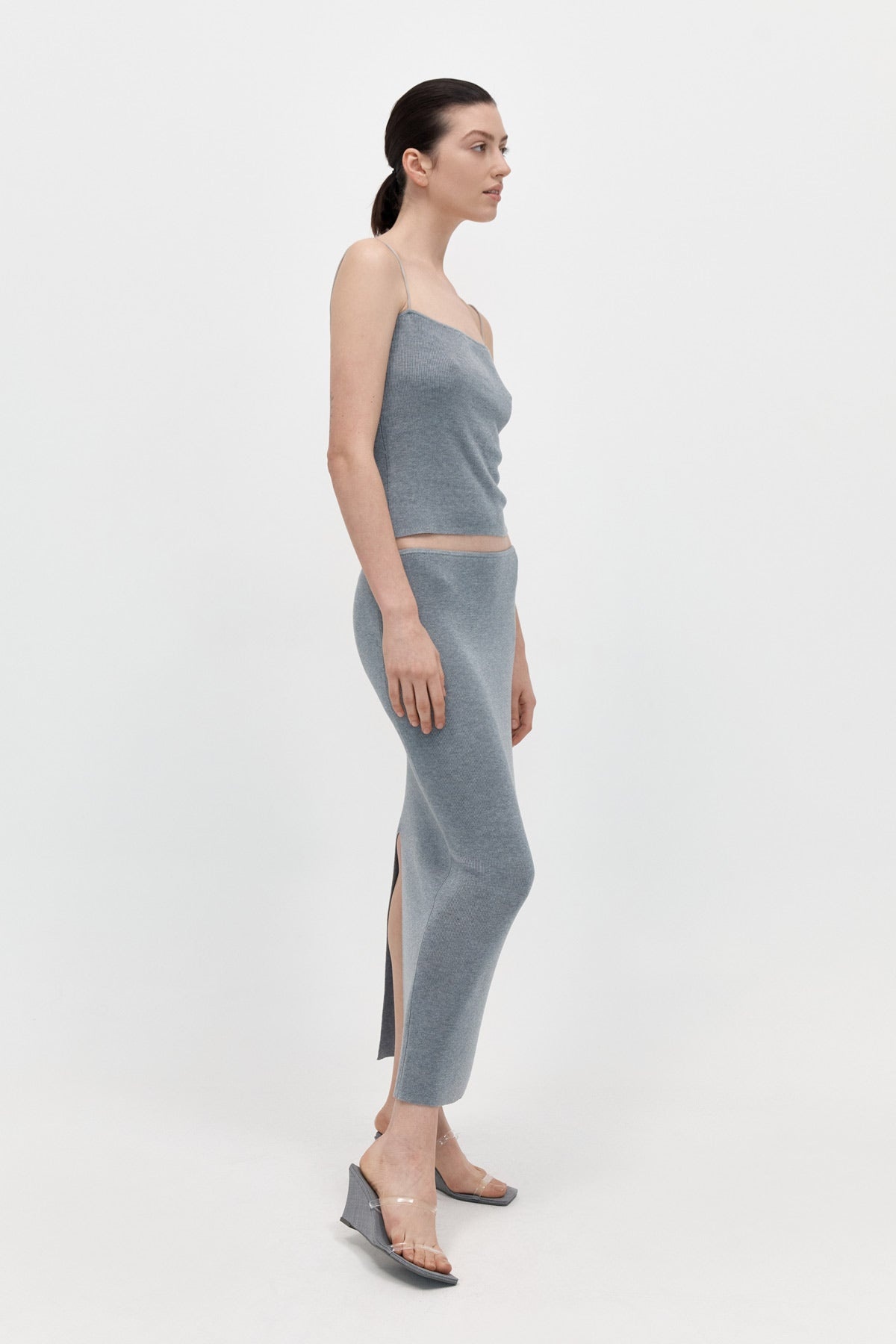 Low Waist Knit Skirt - Grey Marle - 2