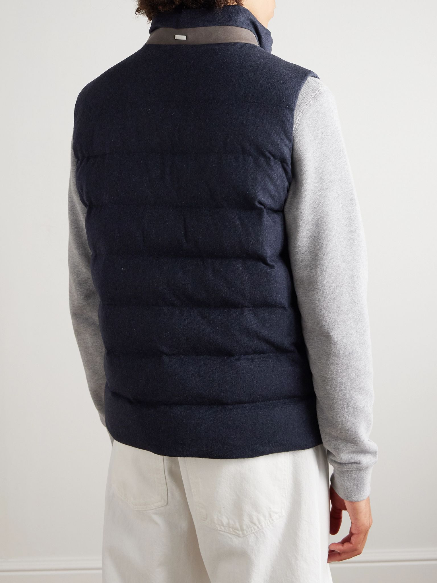 Suede-Trimmed Quilted Silk and Cashmere-Blend Twill Down Gilet Navy - 3