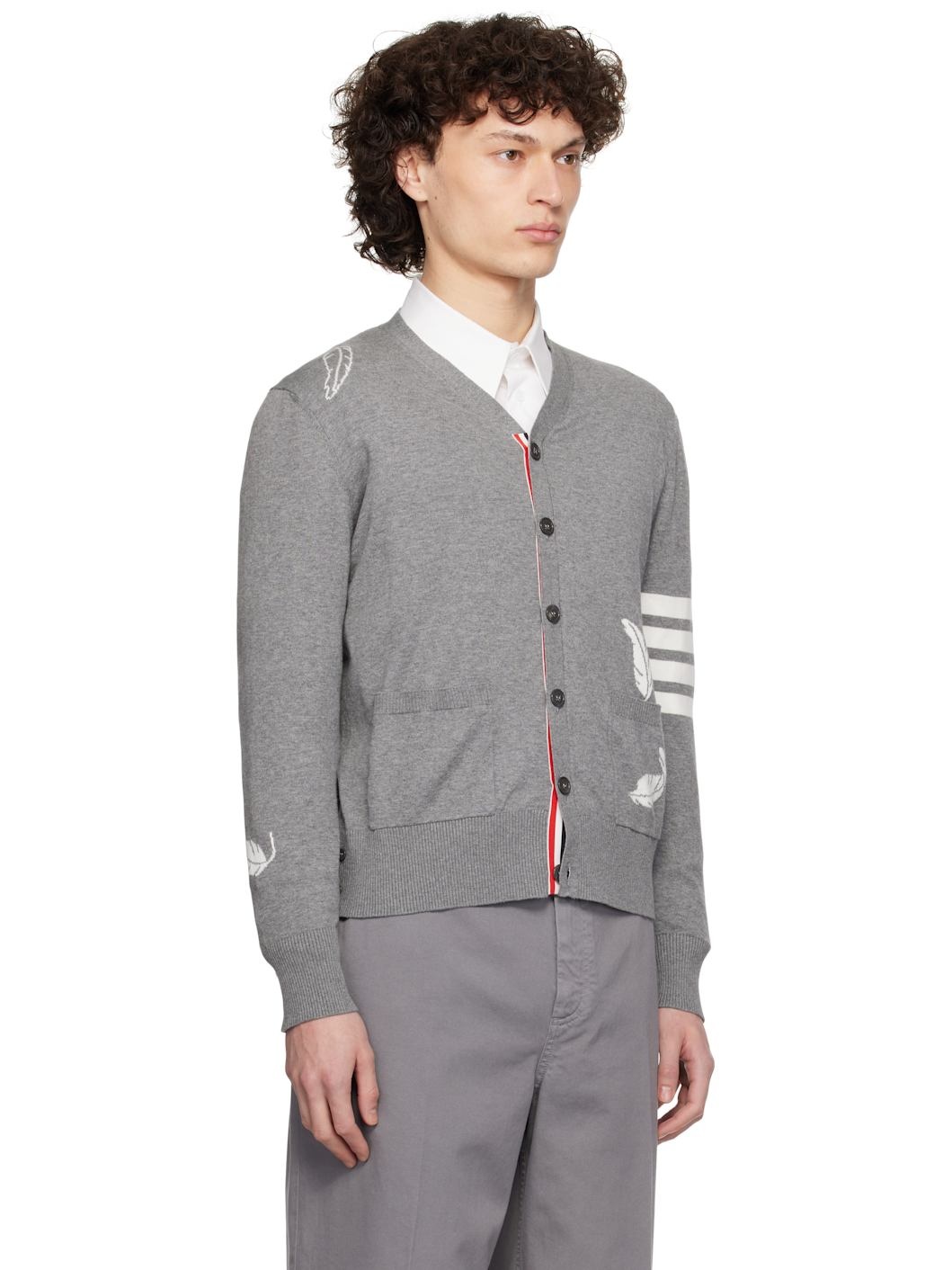 Gray Feather High V-Neck Cardigan - 2