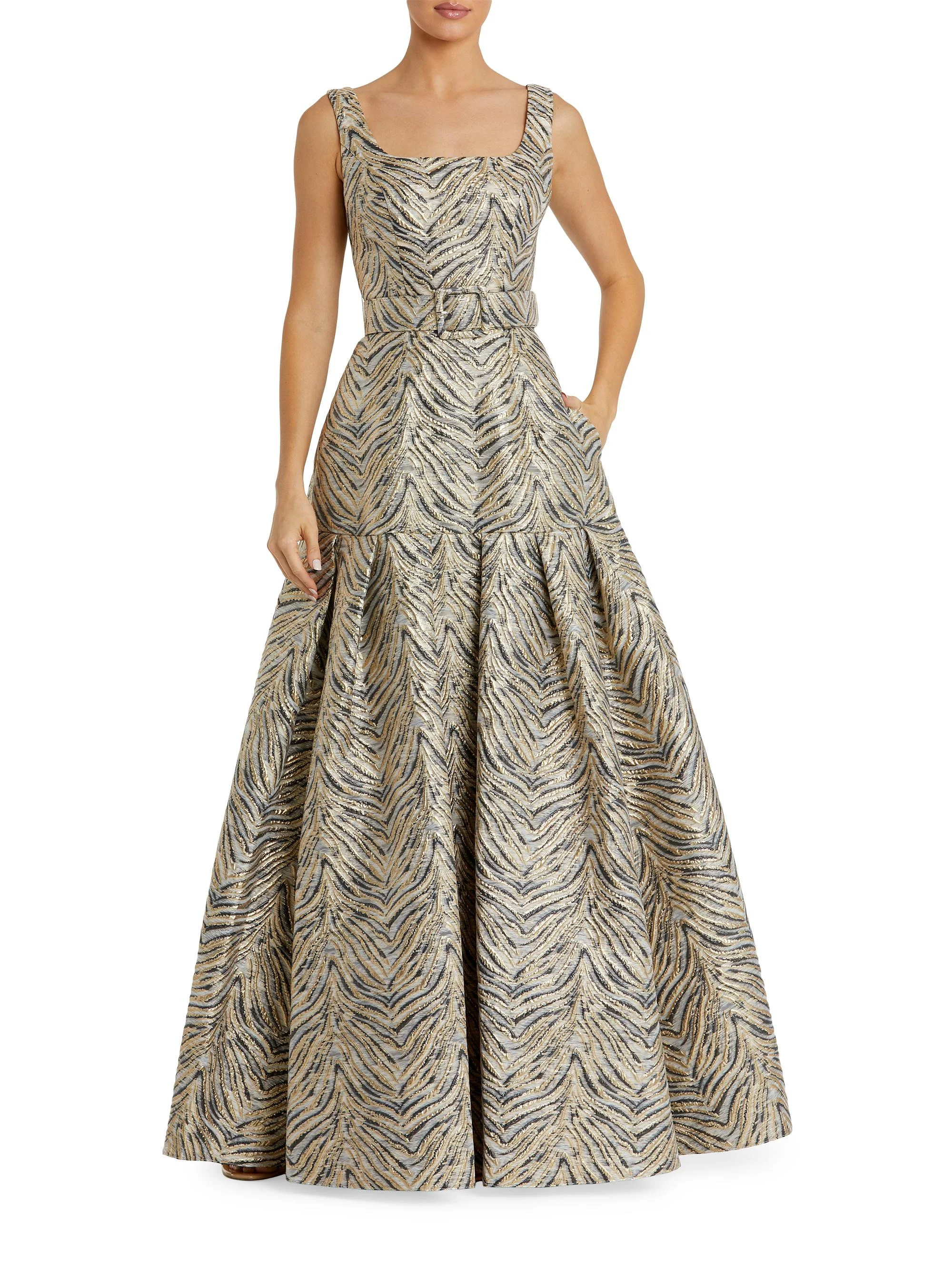 Women's Evening Metallic Brocade Belted Gown - Gold - 1