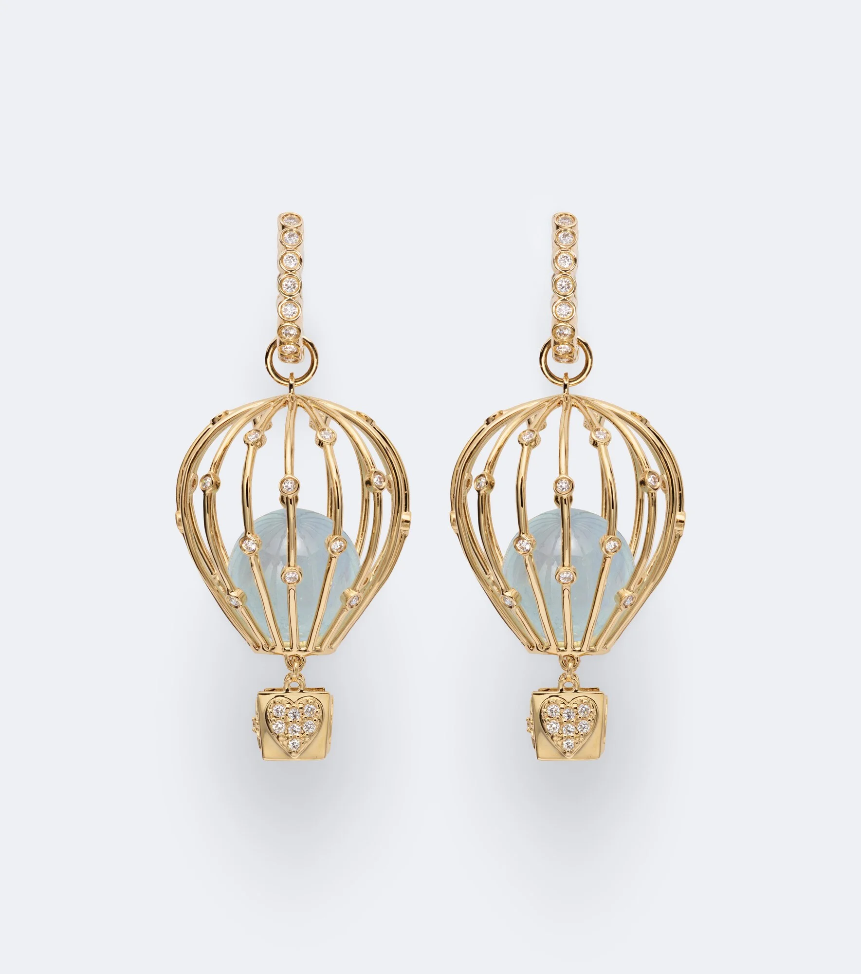 Hot Air Balloon 14kt gold hoop earrings with aquamarine and diamonds - 1