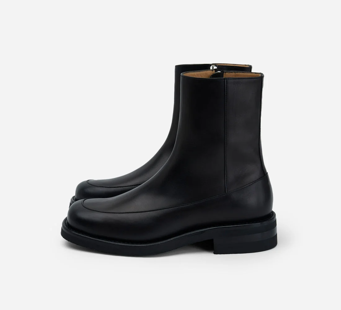 Square Toe Side Zip Boot - Black Calf Leather - 1