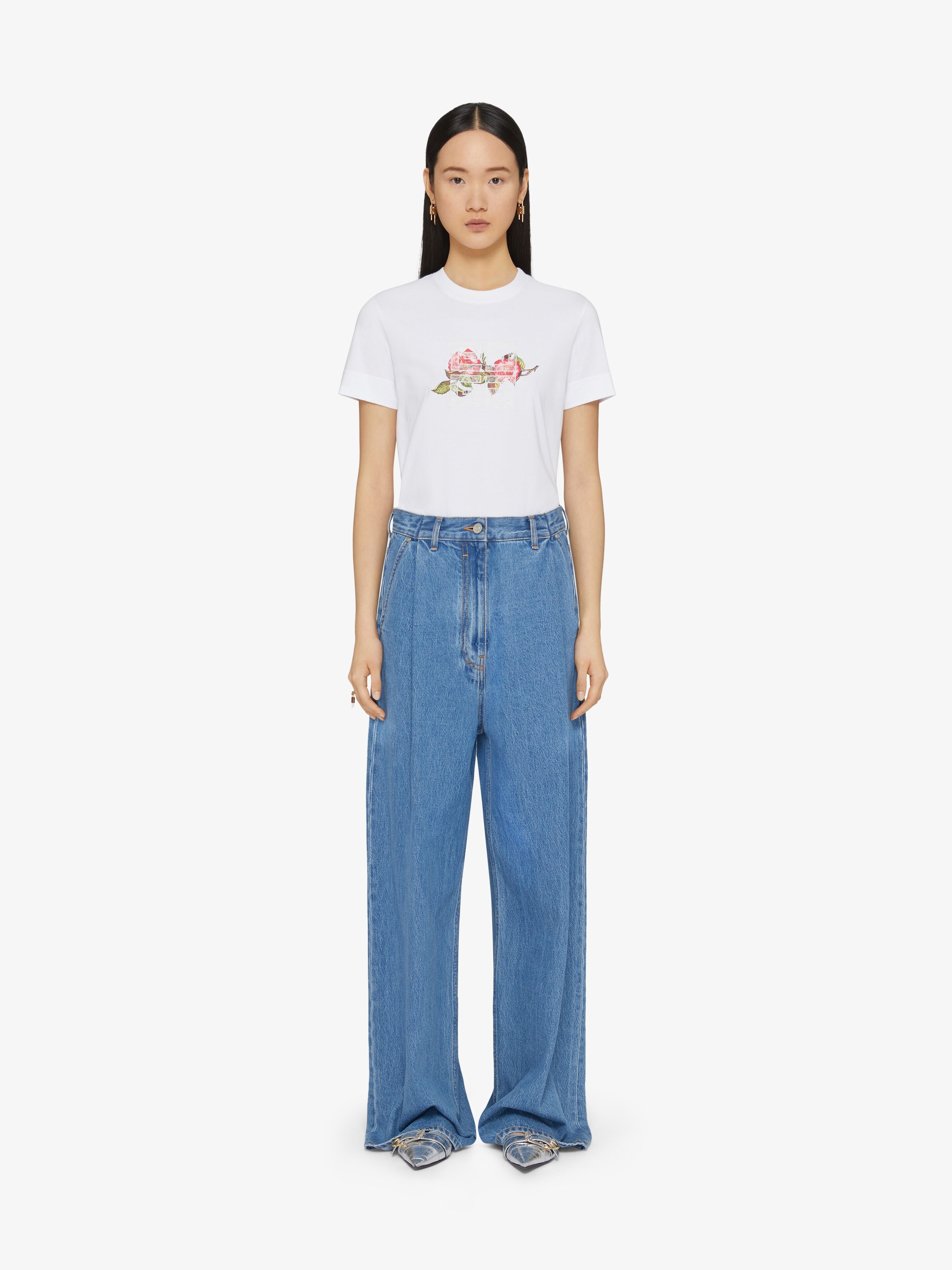 4G LACE SLIM FIT T-SHIRT IN COTTON WITH ROSES PRINT - 2