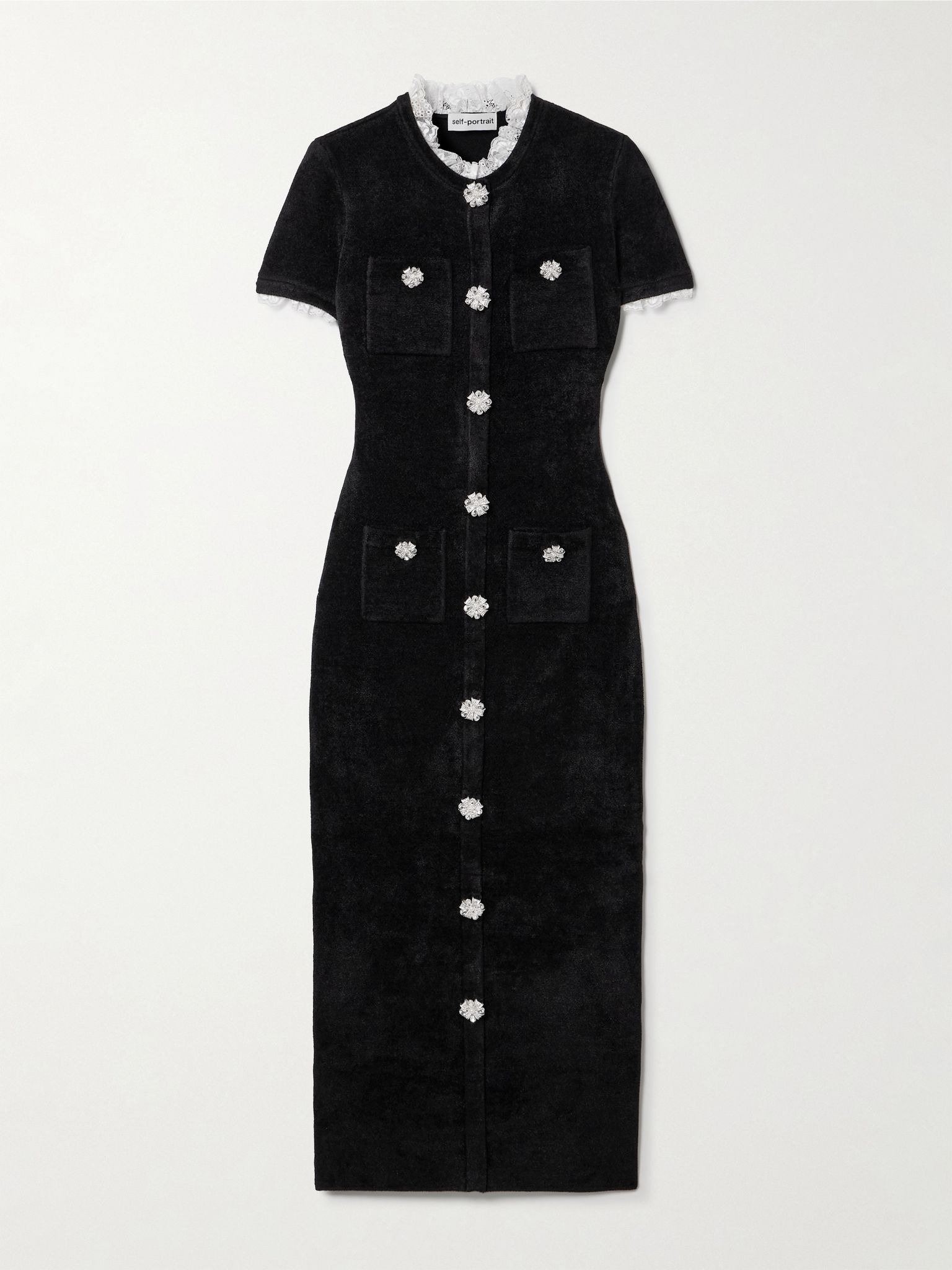 Crystal-embellished lace-trimmed chenille midi dress Black - 1