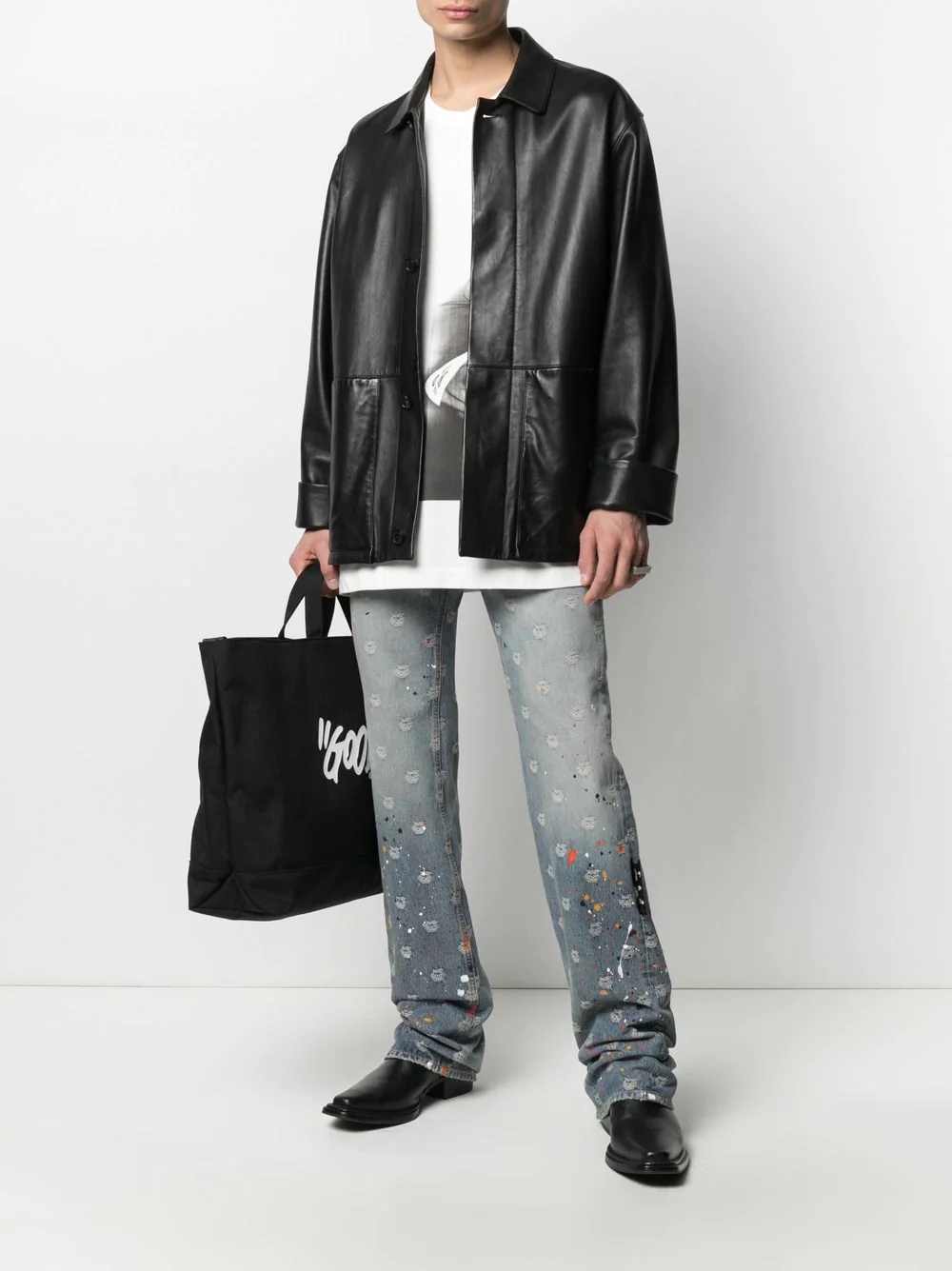 logo-jacquard paint-splatter jeans - 2