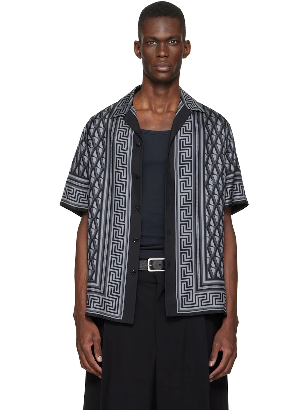 Black & Gray Printed Silk Twill Slim Shirt - 1