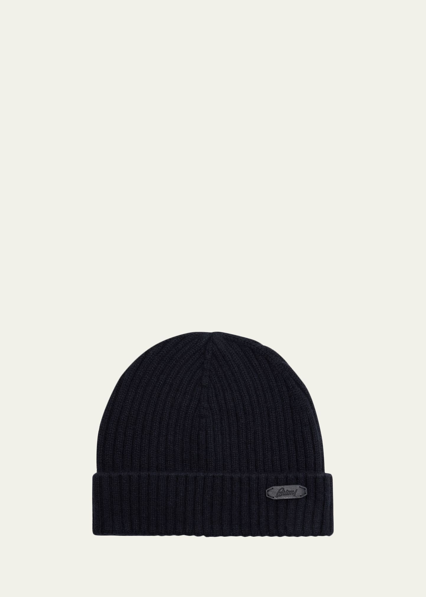 Men's Cashmere Rib Leather-Label Beanie Hat - 1